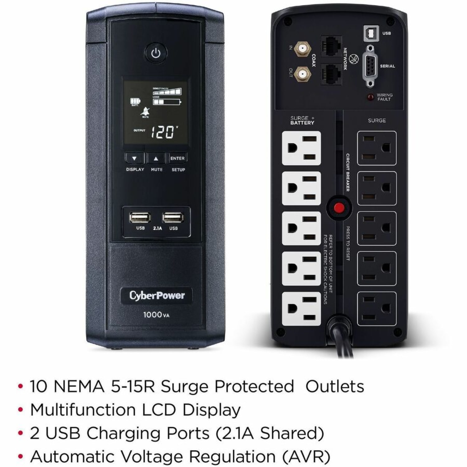 CyberPower BRG1000AVRLCD Intelligent LCD UPS Systems - 1000VA/600W, 120 VAC, NEMA 5-15P, Mini-Tower, 10 Outlets, PowerPanel Personal - BRG1000AVRLCD - Image 4