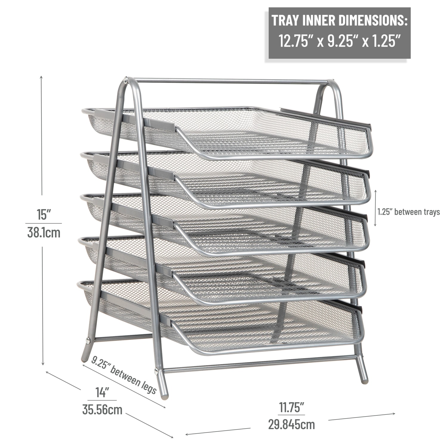 Mind Reader 5-Tier Paper Tray Desktop Organizer Metal Mesh, 14-1/2inH x 14inW x 11-3/4in L, Silver - Image 4