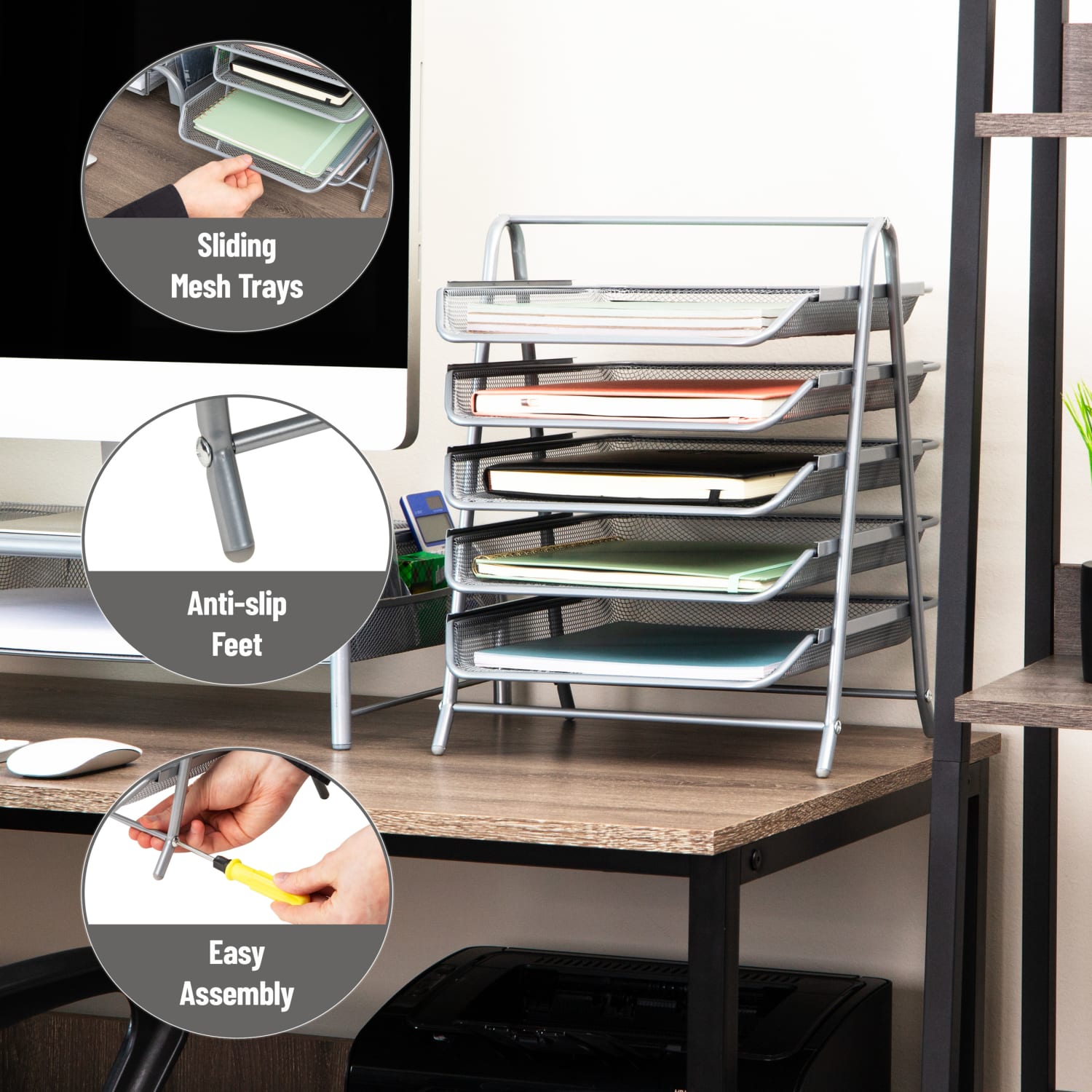 Mind Reader 5-Tier Paper Tray Desktop Organizer Metal Mesh, 14-1/2inH x 14inW x 11-3/4in L, Silver - Image 5