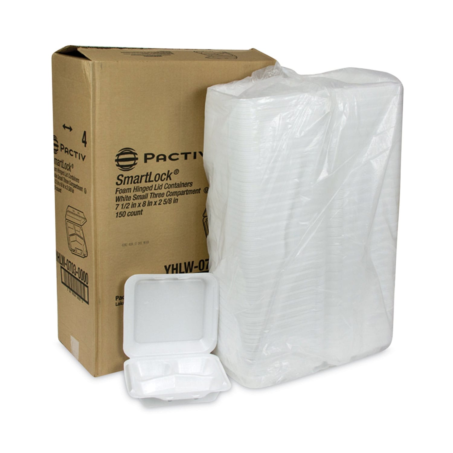 Pactiv Evergreen SmartLock Foam Hinged Lid Containers, Small, 3-Compartment, 2-11/16inH x 7-1/2inW x 8inD, White, Carton Of 150 Containers - Image 5