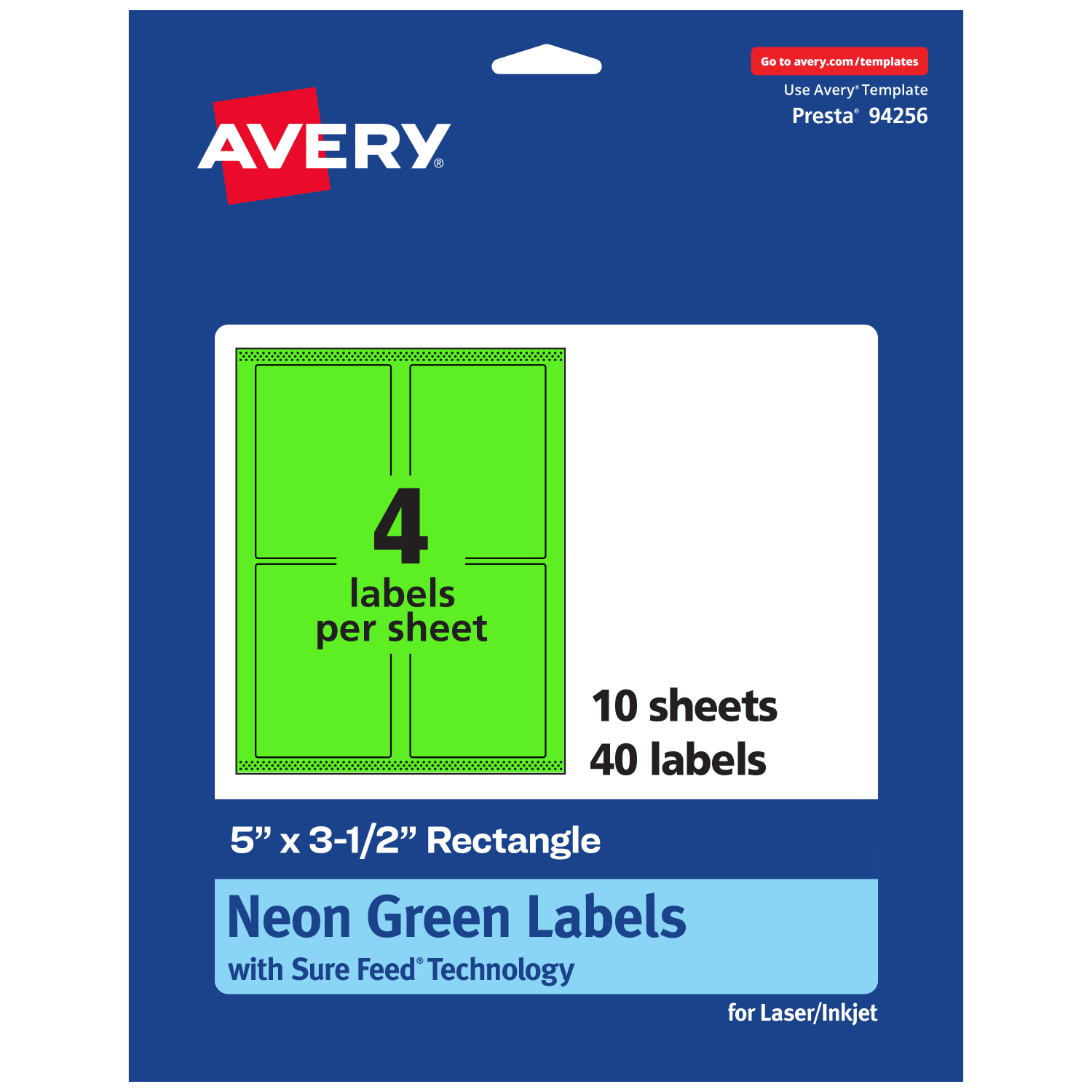 Avery Printable Labels With Sure Feed Technology, 94256-NGP10, Rectangle, 5in x 3-1/2in, Matte Neon Green, Pack of 40