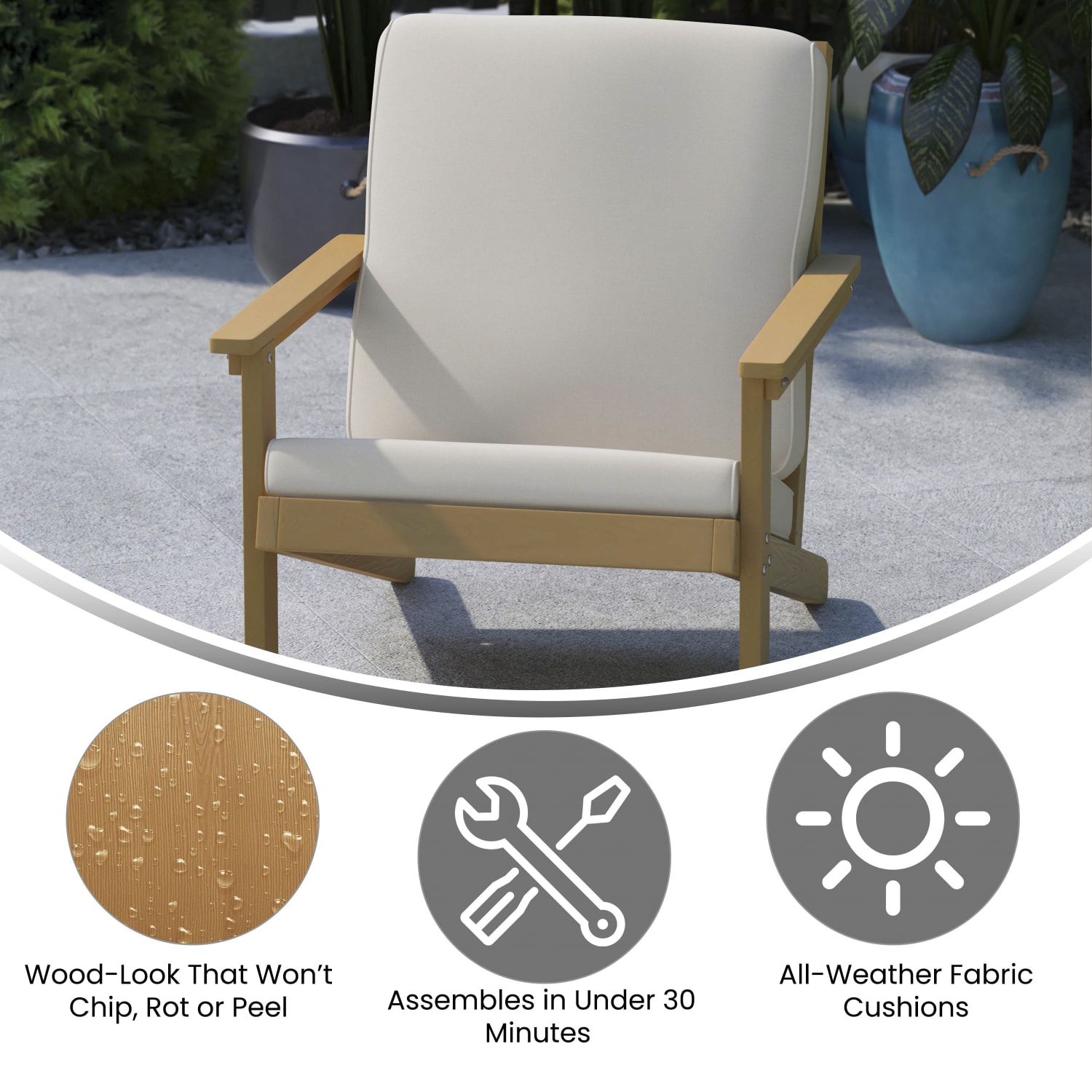 Flash Furniture Charlestown All-Weather Adirondack Club Chair with Cushions, White/Natural Cedar - Image 4