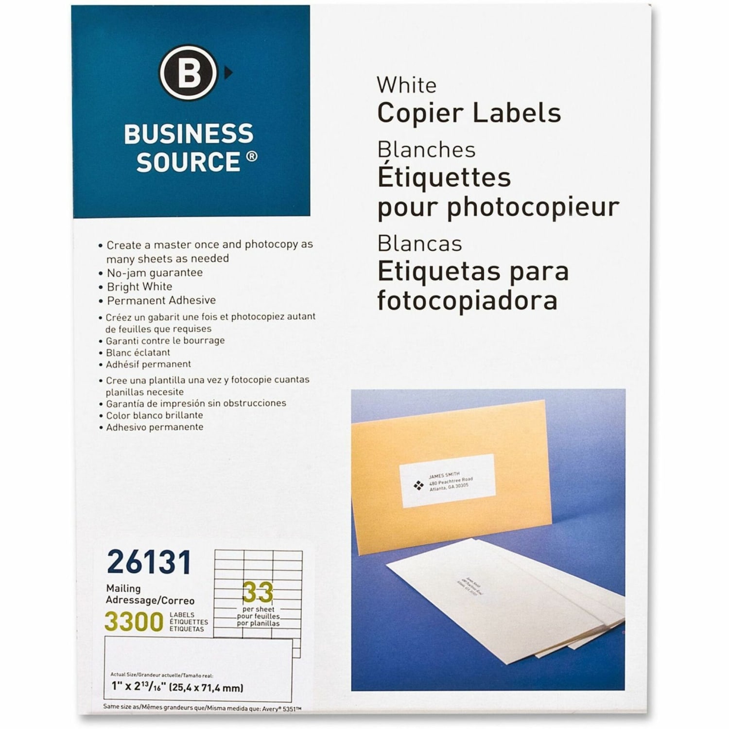 Business Source Bright White Copier Labels - 1in Width x 2 13/16in Length - Rectangle - White - Lignin-free, Jam-free - 33 / Sheet - 3300 / Pack