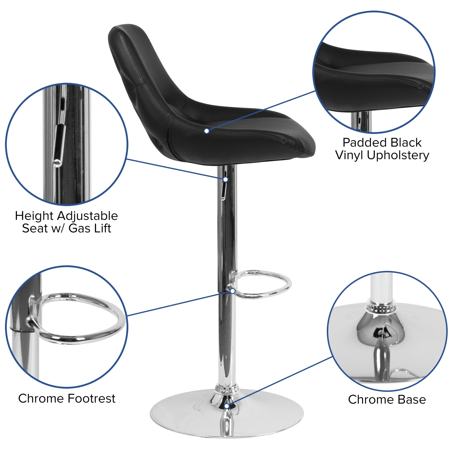 Flash Furniture Contemporary Adjustable Height Swivel Bar Stool With Support Pillow, Black Vinyl/Chrome - Image 6
