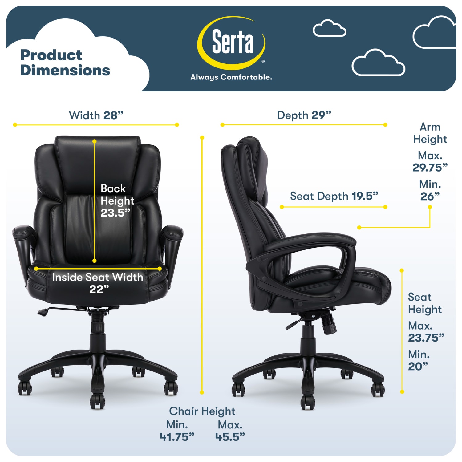 Serta Garret Ergonomic Bonded Leather High-Back Executive Chair, Space Black - Image 4