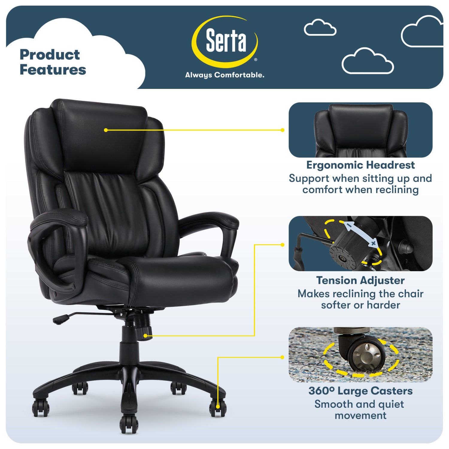 Serta Garret Ergonomic Bonded Leather High-Back Executive Chair, Space Black - Image 5