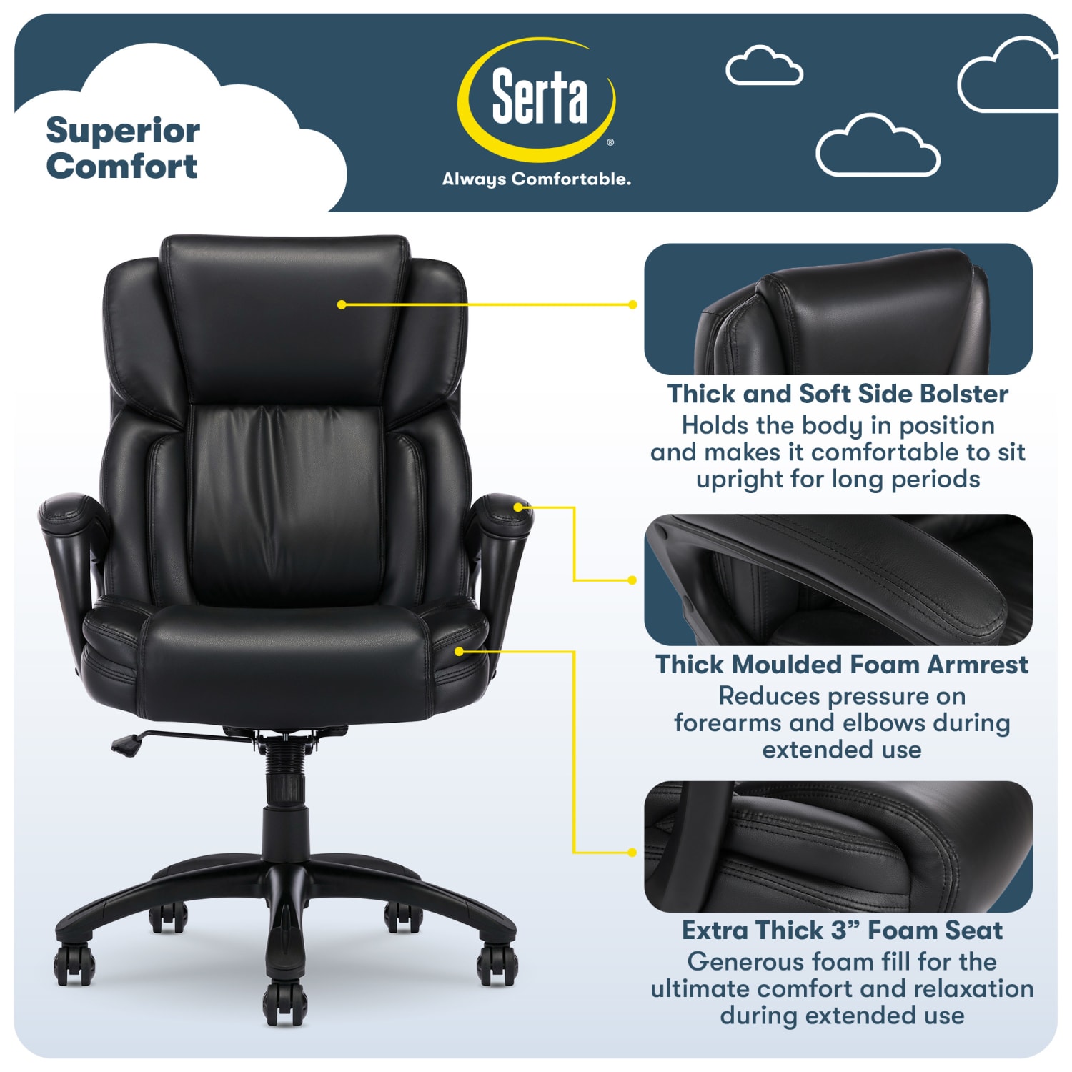 Serta Garret Ergonomic Bonded Leather High-Back Executive Chair, Space Black - Image 6