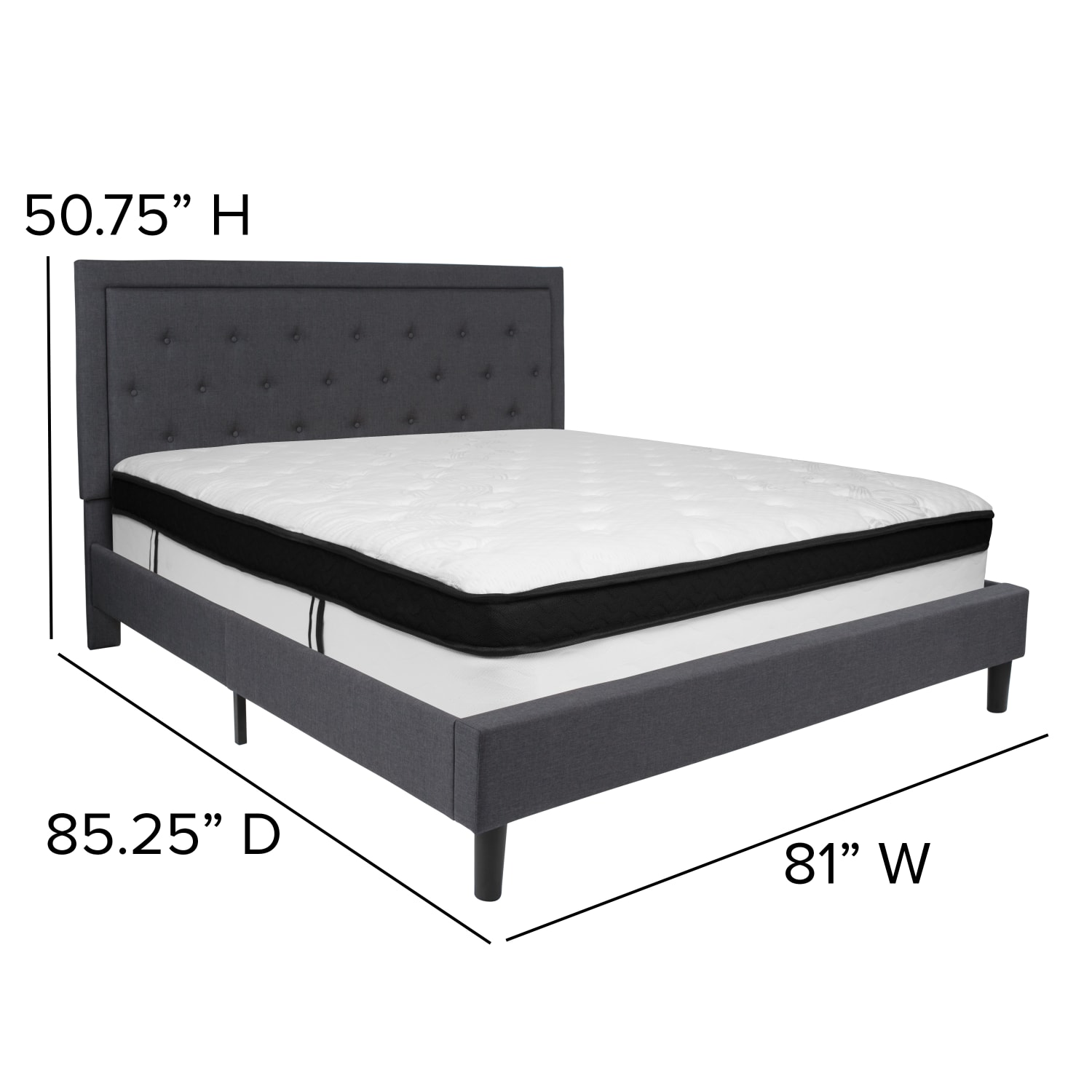 Flash Furniture Roxbury Panel Tufted Upholstered Platform Bed and Memory Foam Pocket Spring Mattress, King, 50-3/4inH x 81inW x 85-1/4inL, Dark Gray - Image 5