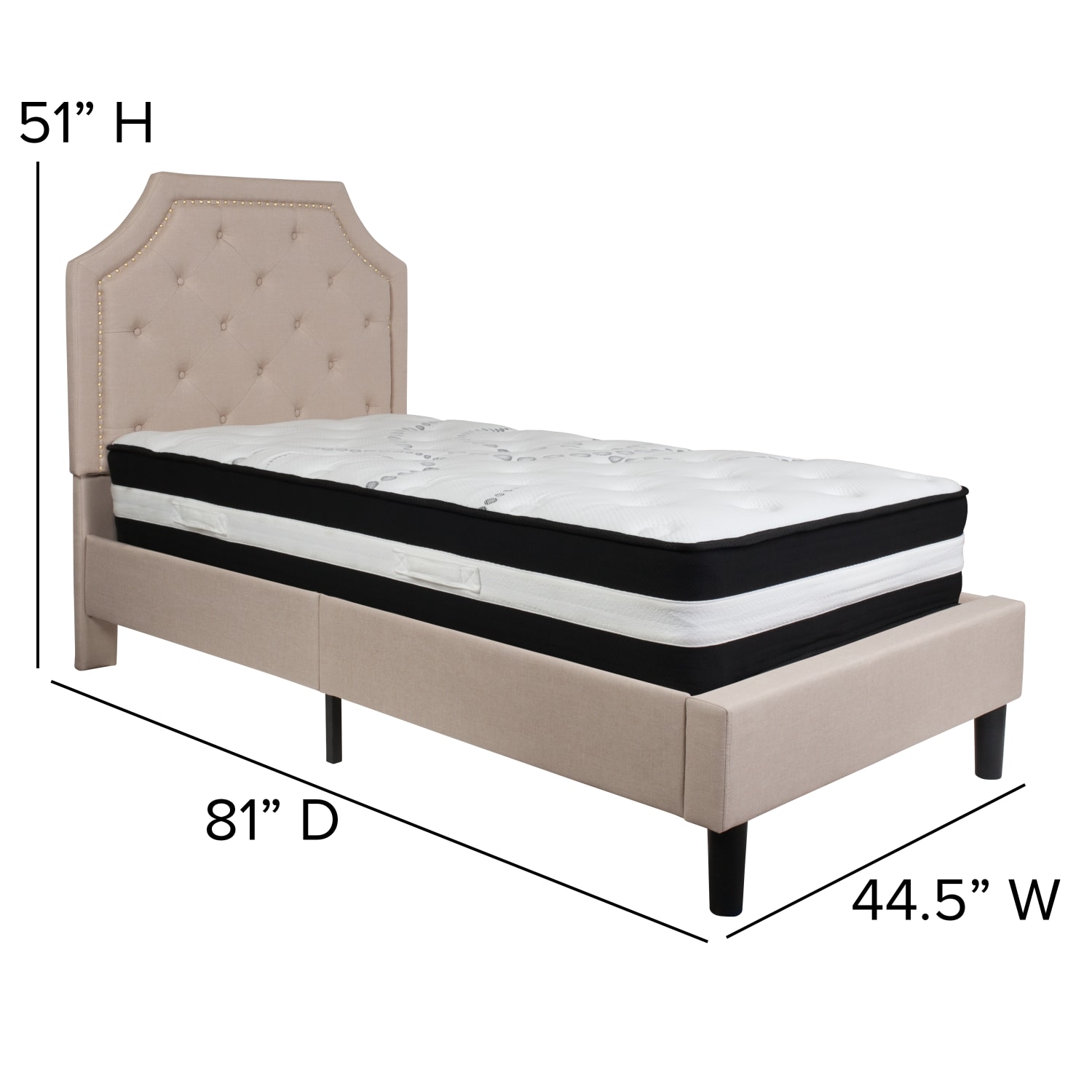 Flash Furniture Brighton Arched Tufted Upholstered Platform Bed And Pocket Spring Mattress, Twin, Beige - Image 4