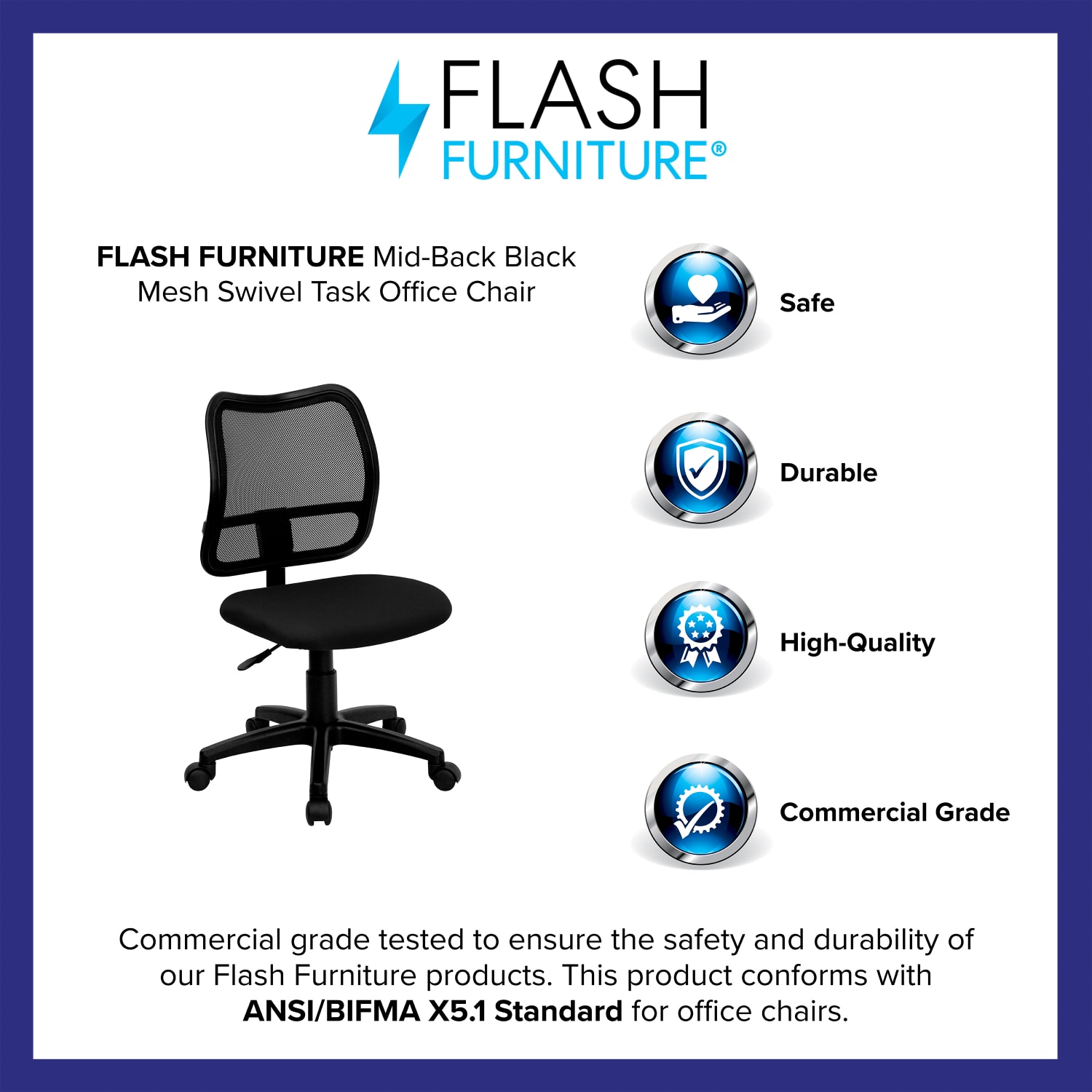 Flash Furniture Mesh Mid-Back Swivel Task Chair With Padded Fabric Seat, Black - Image 5