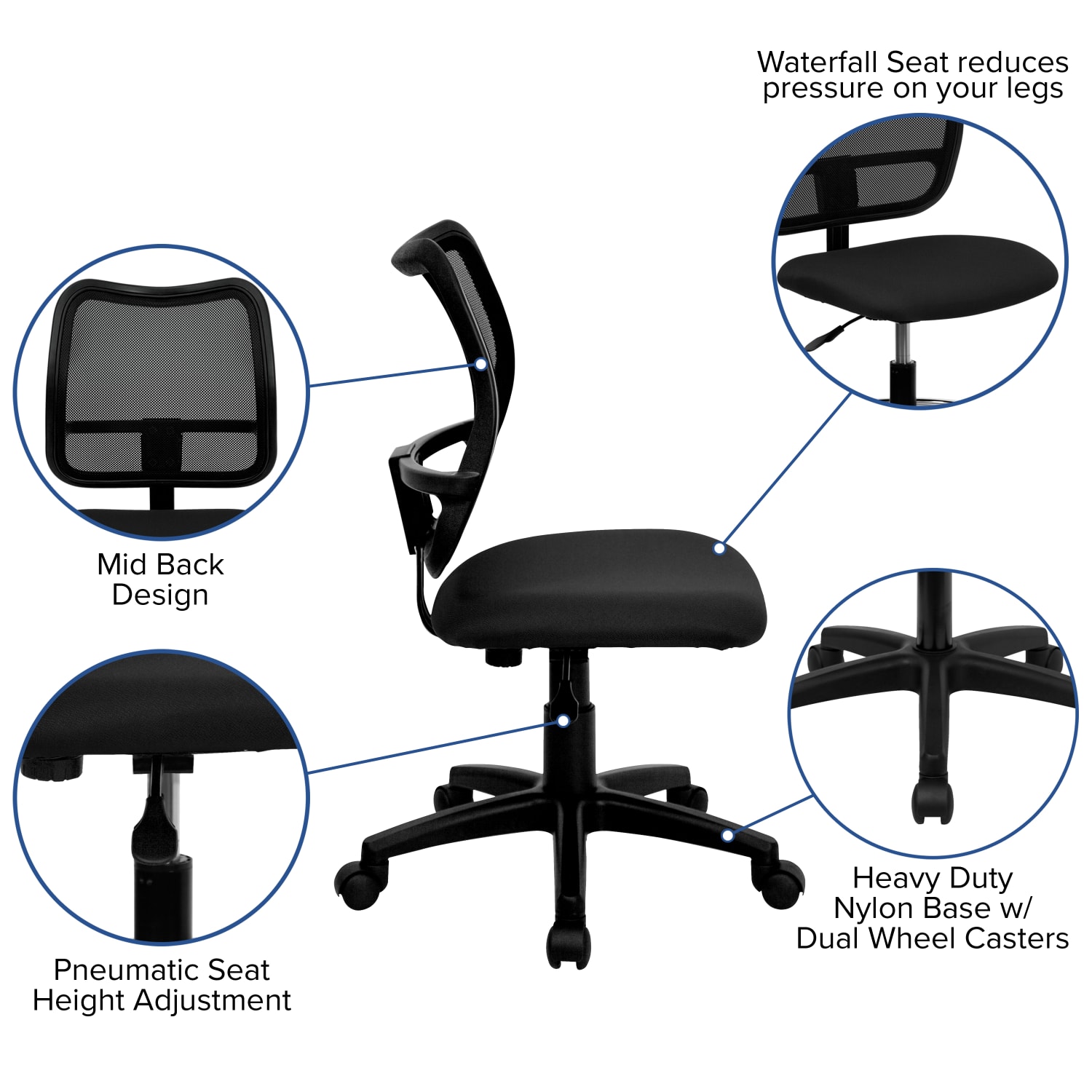 Flash Furniture Mesh Mid-Back Swivel Task Chair With Padded Fabric Seat, Black - Image 7