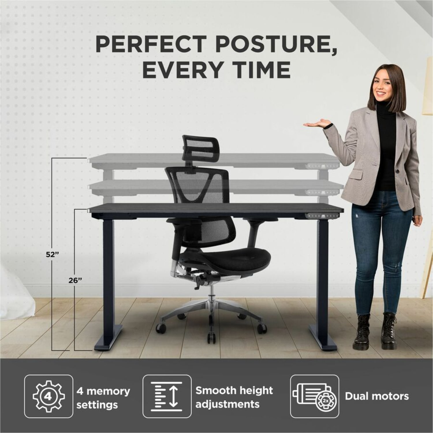 Rise Up Electric Standing Desk 60x30in Black Bamboo Desktop Dual Motors Adjustable Height Black Frame (26-51.6in) with memory - Image 5
