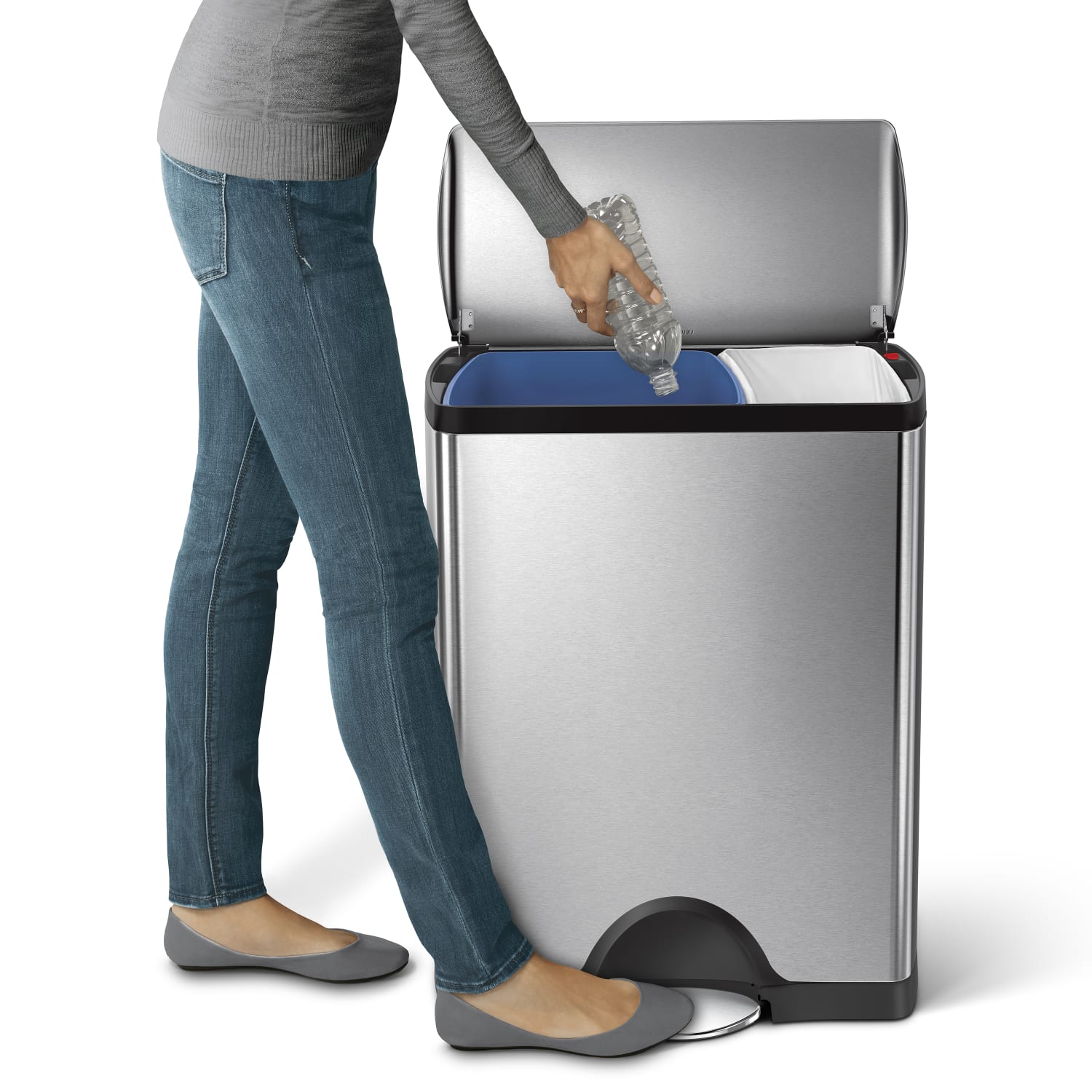 simplehuman Rectangular Dual-Compartment Step Recycler Trash Can, 12.15 Gallons, Brushed Stainless Steel - Image 4