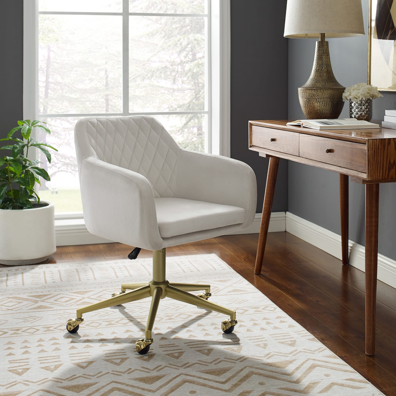 Linon Inman Quilted Fabric MidBack Home Office Chair OffWhiteGold PopularChairscom Linon Inman Quilted Fabric Mid Back Home Office Chair Off WhiteGold PopularChairscom