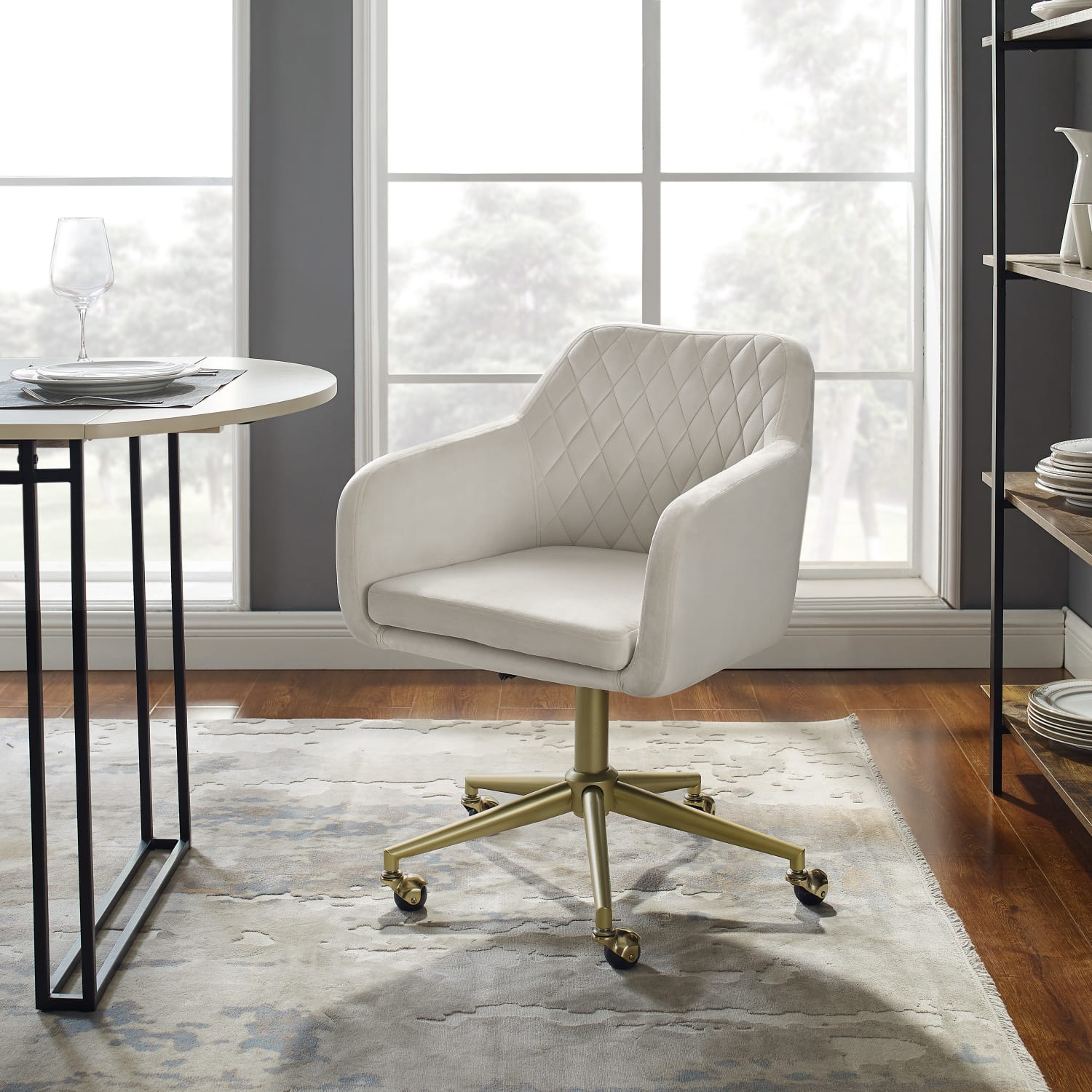 Linon Inman Quilted Fabric Mid-Back Home Office Chair, Off-White/Gold - Image 5