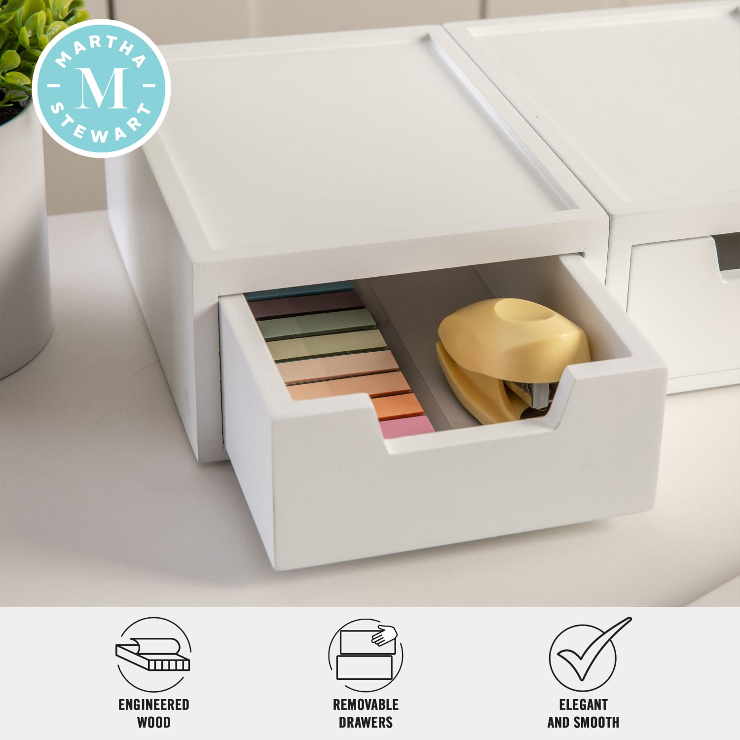 Martha Stewart Weston Stackable Storage Boxes With Drawers, 2-3/4inH x 5-1/4inW x 7inD, White, Set Of 2 Boxes - Image 4