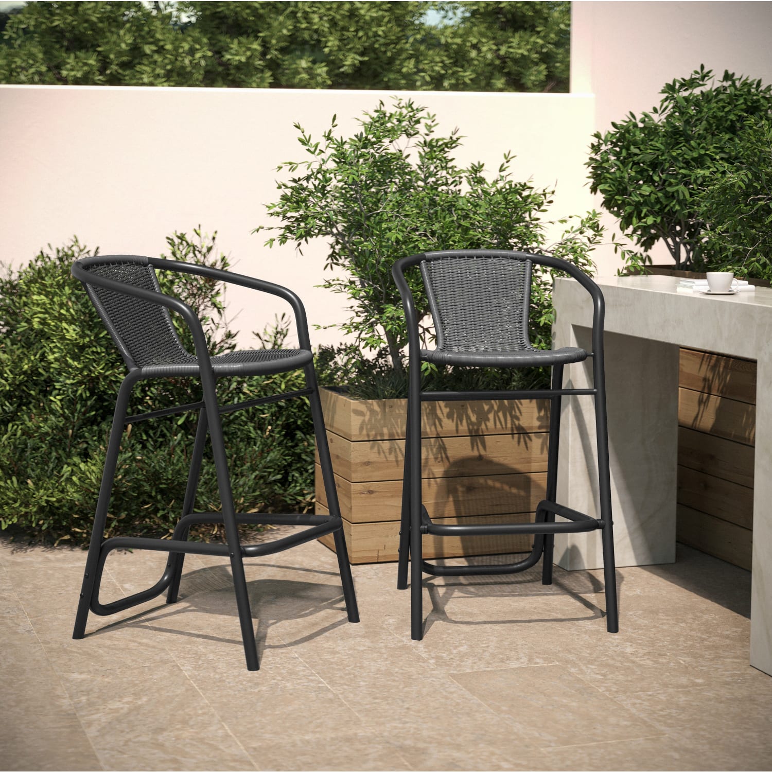 Flash Furniture Lila Set of 2 Commercial Grade Indoor-Outdoor PE Rattan Restaurant Barstools with Aluminum Frames and Footrests, Gray - Image 3
