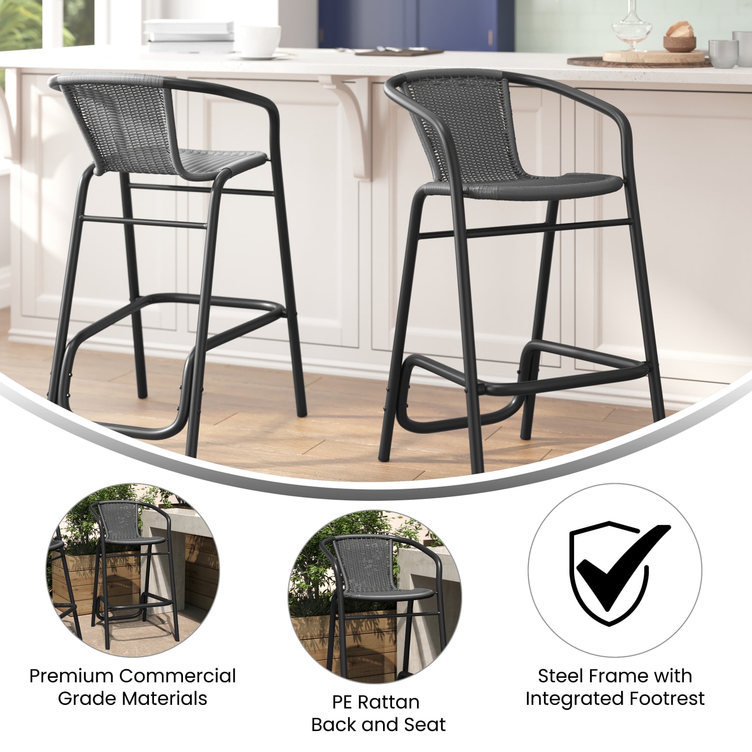 Flash Furniture Lila Set of 2 Commercial Grade Indoor-Outdoor PE Rattan Restaurant Barstools with Aluminum Frames and Footrests, Gray - Image 4