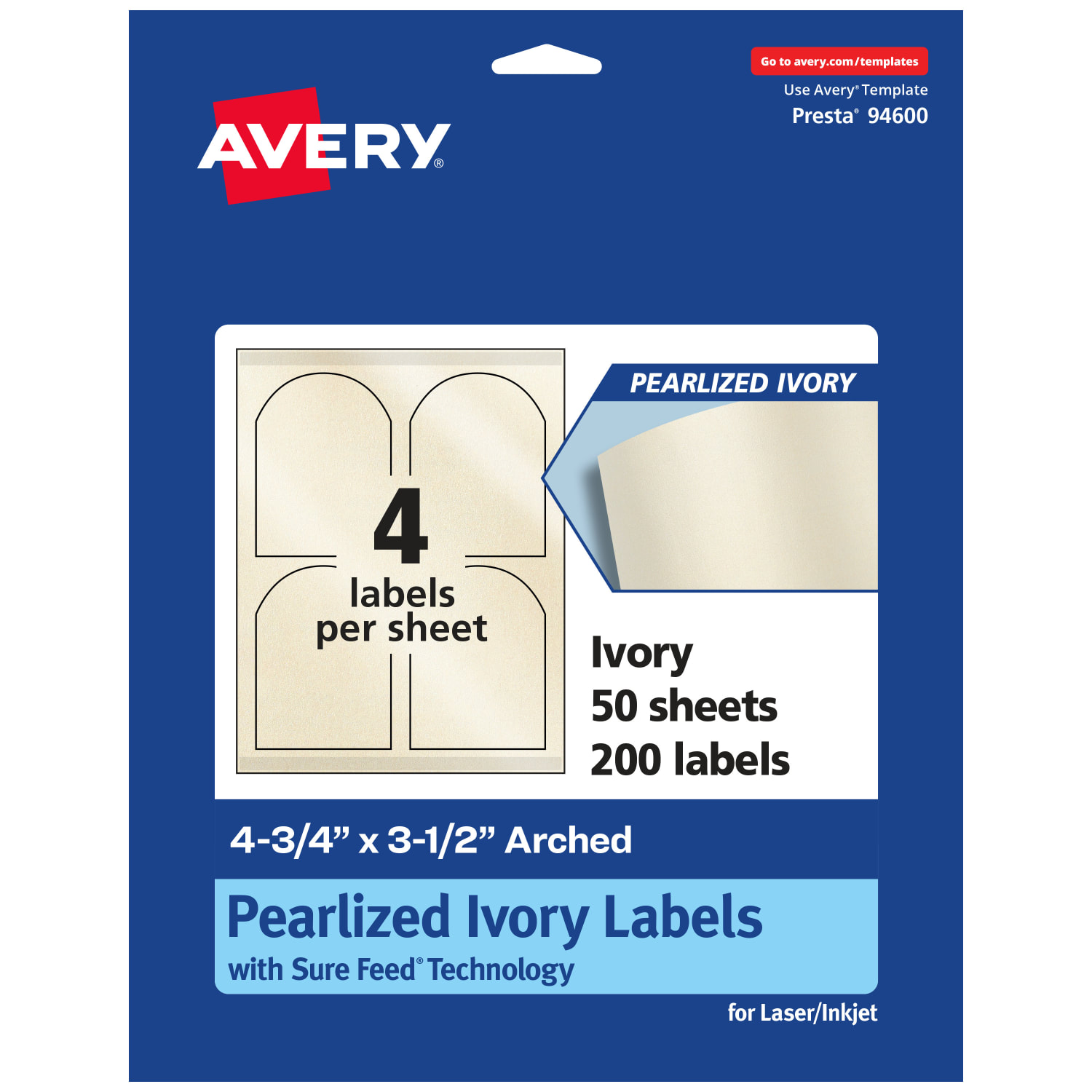 Avery Pearlized Permanent Labels With Sure Feed, 94600-PIP50, Arched, 4-3/4in x 3-1/2in, Ivory, Pack Of 200 Labels