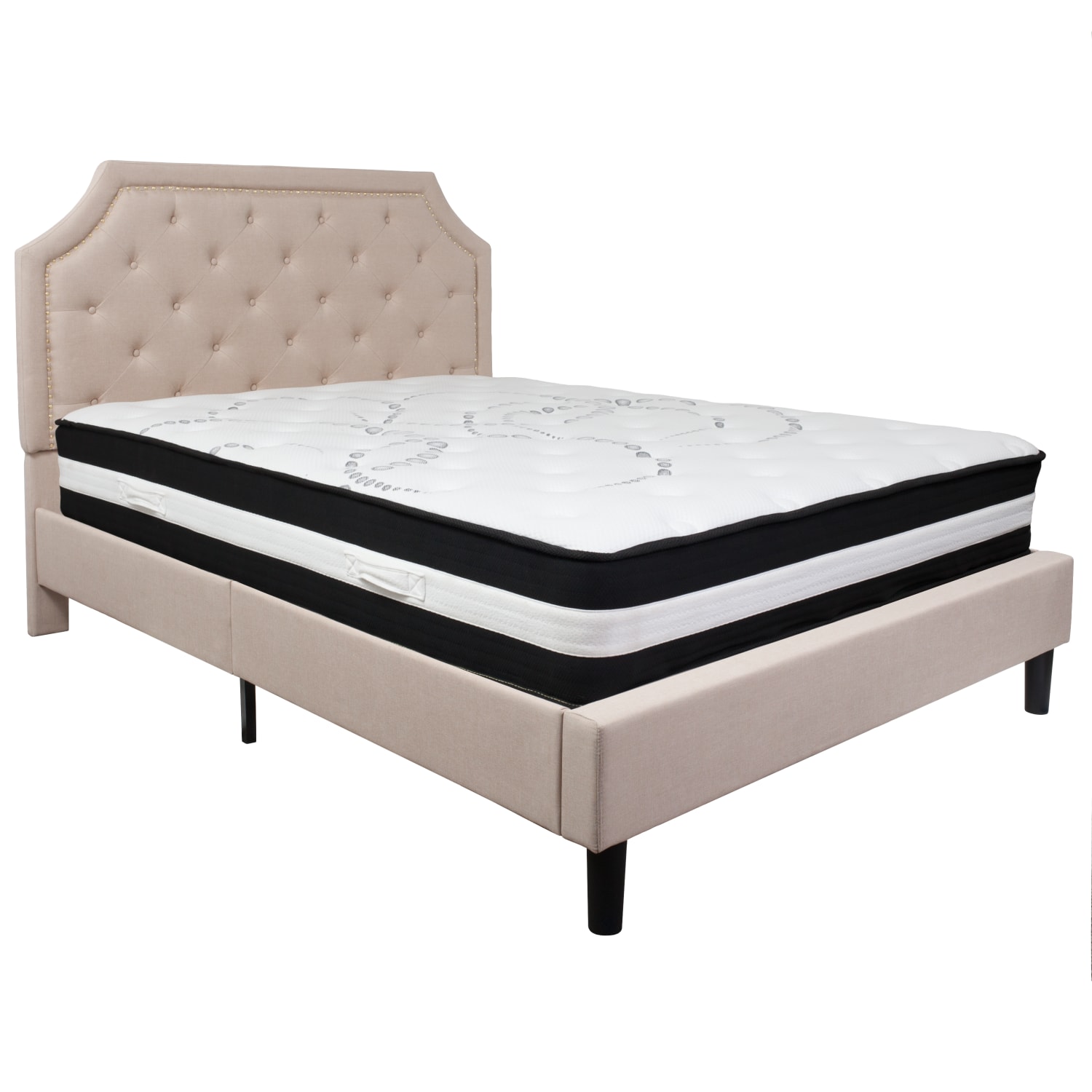 Flash Furniture Brighton Arched Tufted Upholstered Platform Bed And Pocket Spring Mattress, Queen, Beige - Image 3
