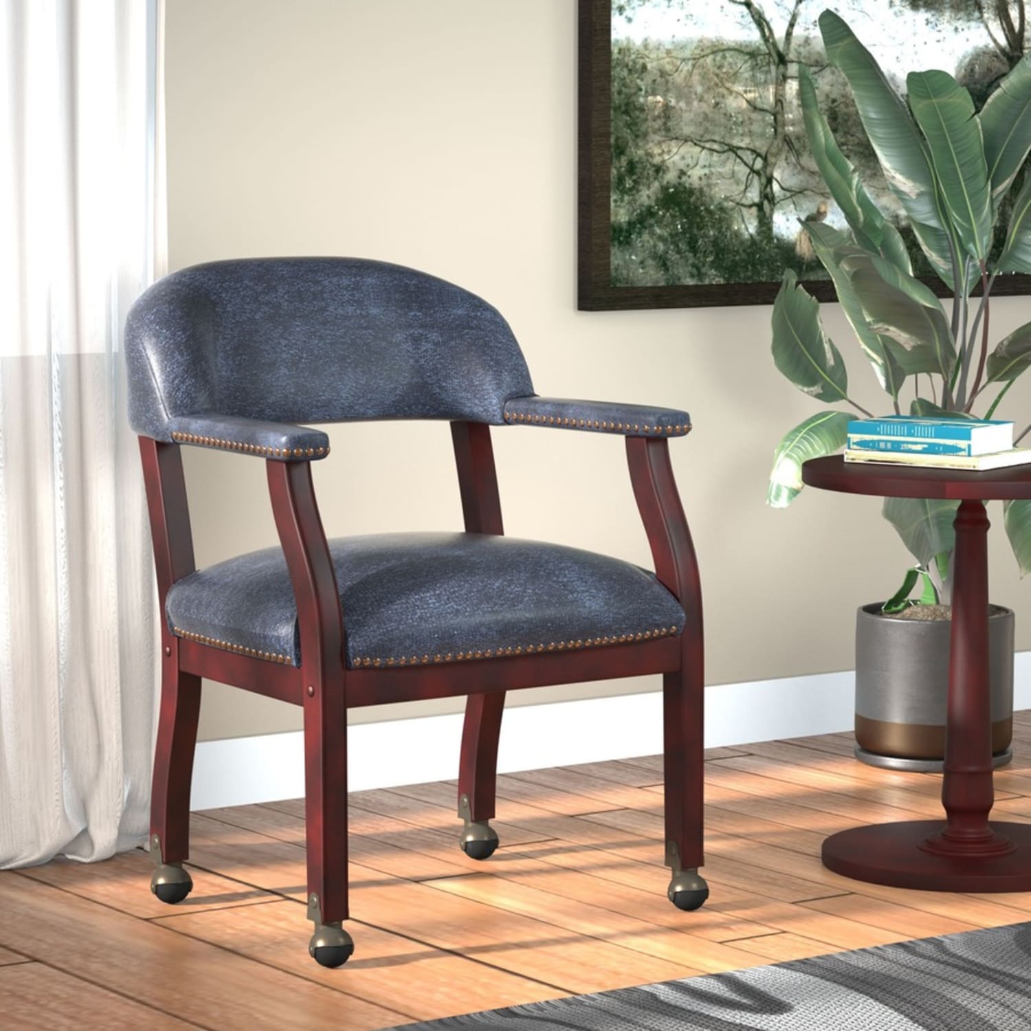 Boss Office Products Captains Guest Arm Chair With Casters BlueMahogany PopularChairscom Boss Office Products Captains Guest Arm Chair With Casters BlueMahogany PopularChairscom