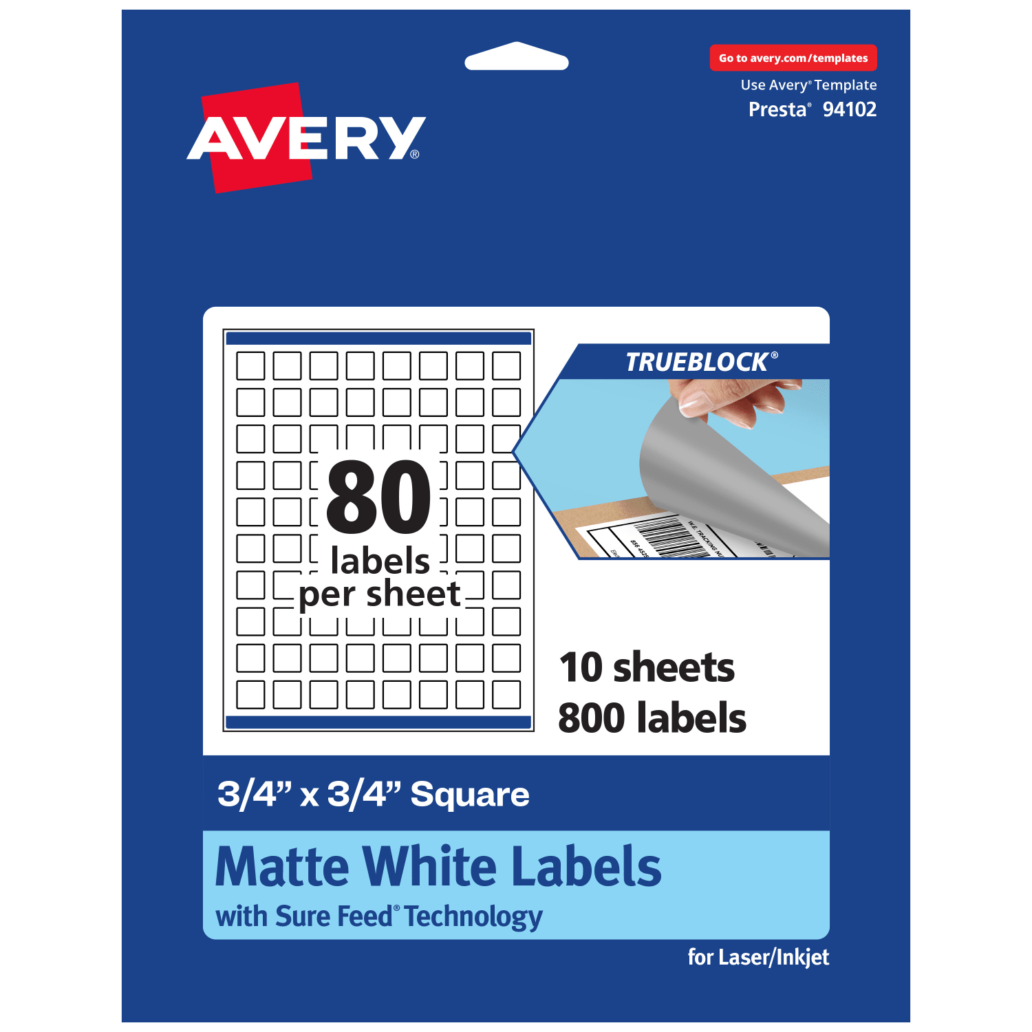 Avery Print-To-The-Edge TrueBlock Labels With Sure Feed, 94102-TWMP10, Square, 3/4in x 3/4in, Matte White, Pack Of 800