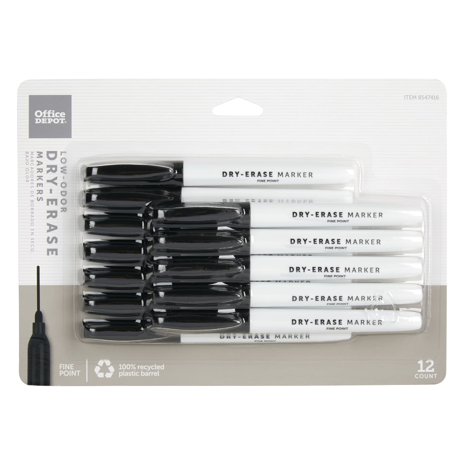 Office Depot Brand Low-Odor Pen-Style Dry-Erase Markers, Fine Point, 100% Recycled Plastic Barrel, Black Ink, Pack Of 12
