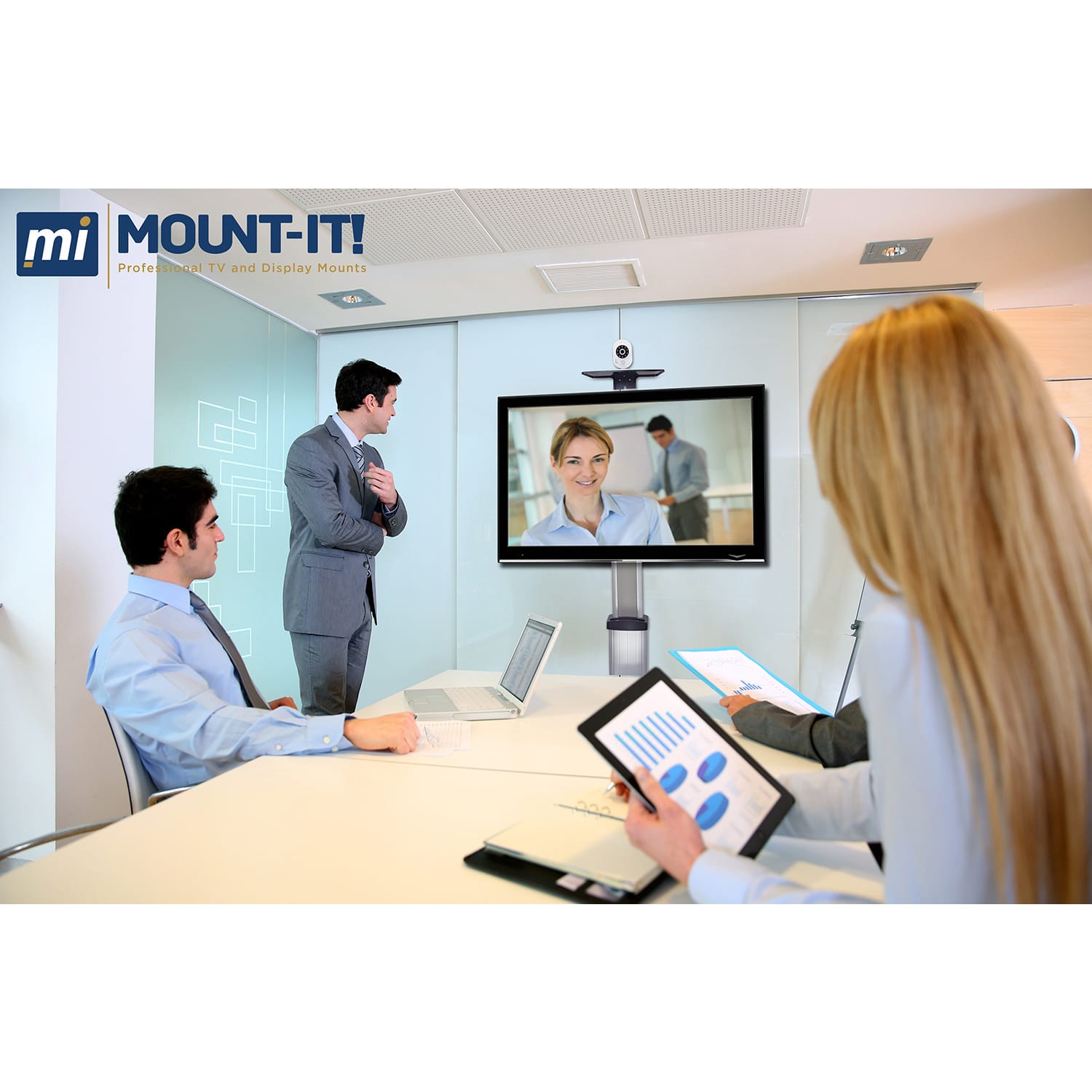 Mount-It! Height-Adjustable Rolling TV Cart For 32in - 70in TVs, Black - Image 4