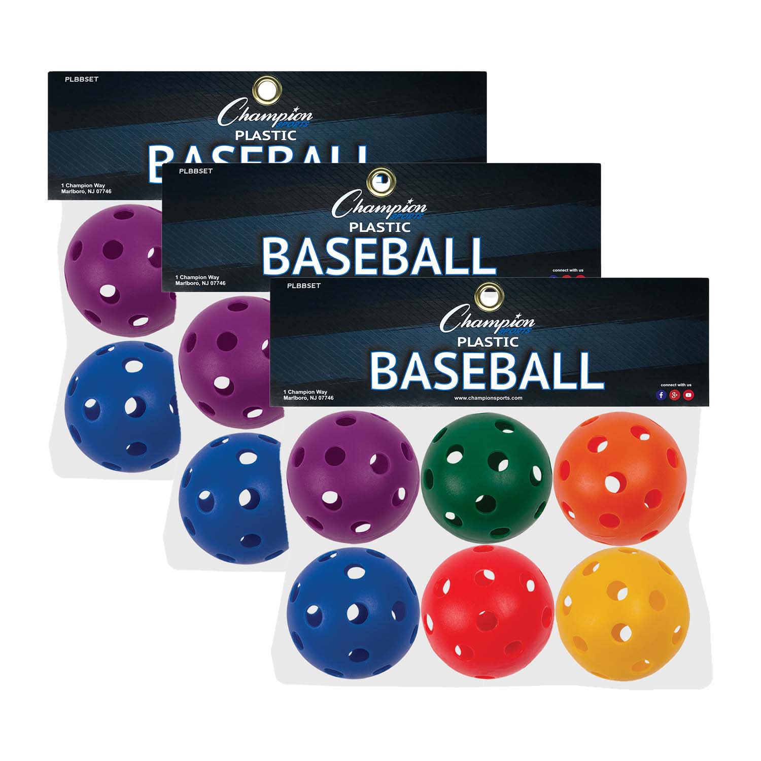 Champion Sports Plastic Baseballs, 2-7/8in, Assorted Colors, 6 Baseballs Per Set, Pack Of 3 Sets