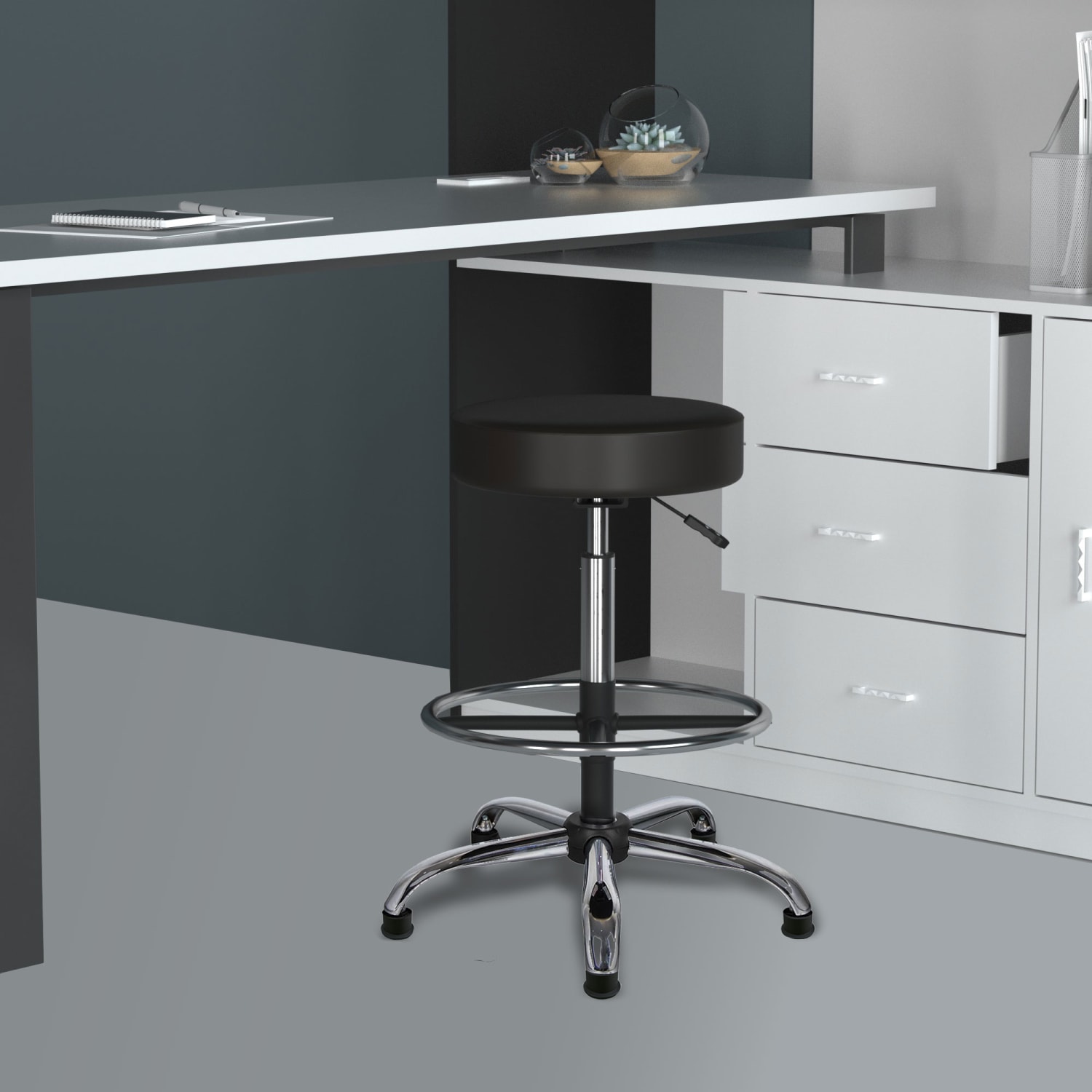 Boss Office Products Adjustable Antimicrobial Drafting Stool With Removable Foot Rest & Glides, Black - Image 3