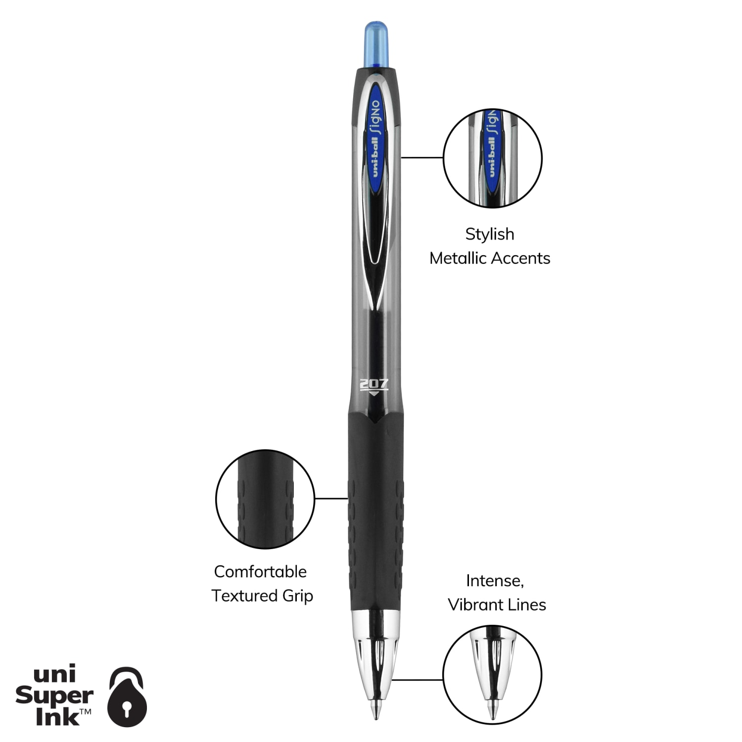 uni-ball 207 Retractable Fraud Prevention Gel Pens, Medium Point, 0.7 mm, Black Barrel, Blue Ink, Pack Of 36 - Image 4