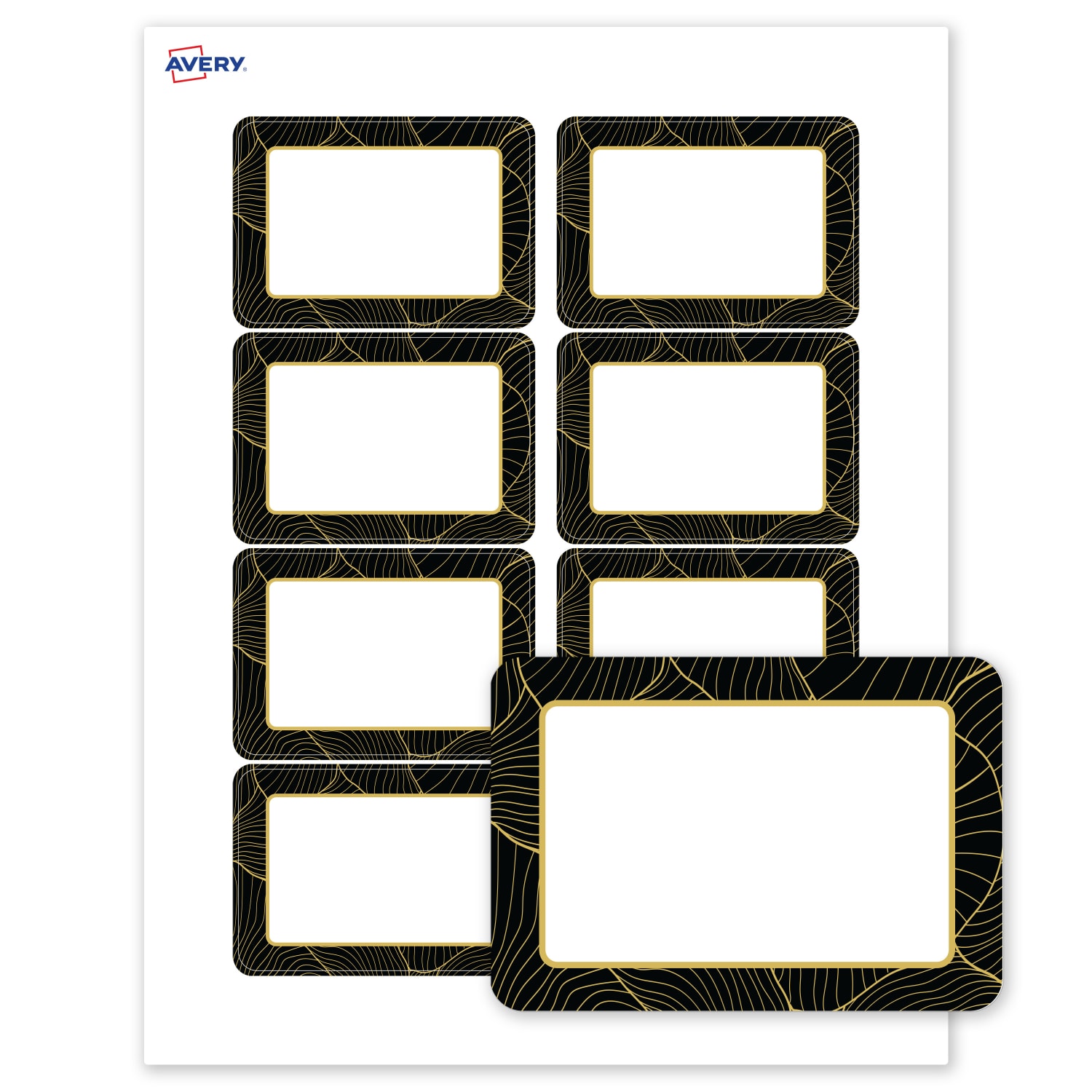 Avery Printable Adhesive Name Badges/Preprinted Designs, Rectangle, S00-ETK, 2-1/3in x 3-3/8in, Matte White/Black Border/Gold Veins, Pack Of 80 - Image 3
