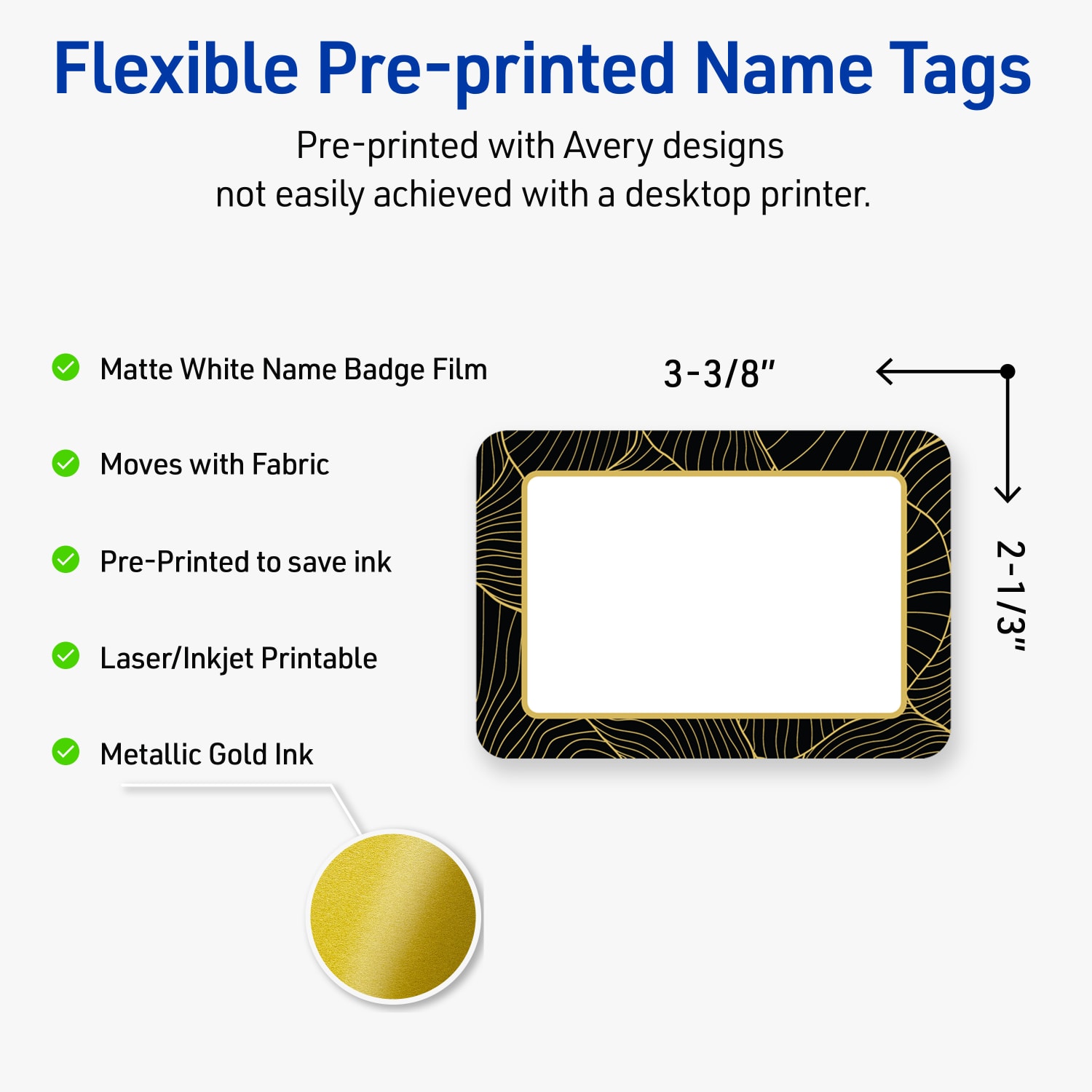 Avery Printable Adhesive Name Badges/Preprinted Designs, Rectangle, S00-ETK, 2-1/3in x 3-3/8in, Matte White/Black Border/Gold Veins, Pack Of 80 - Image 4