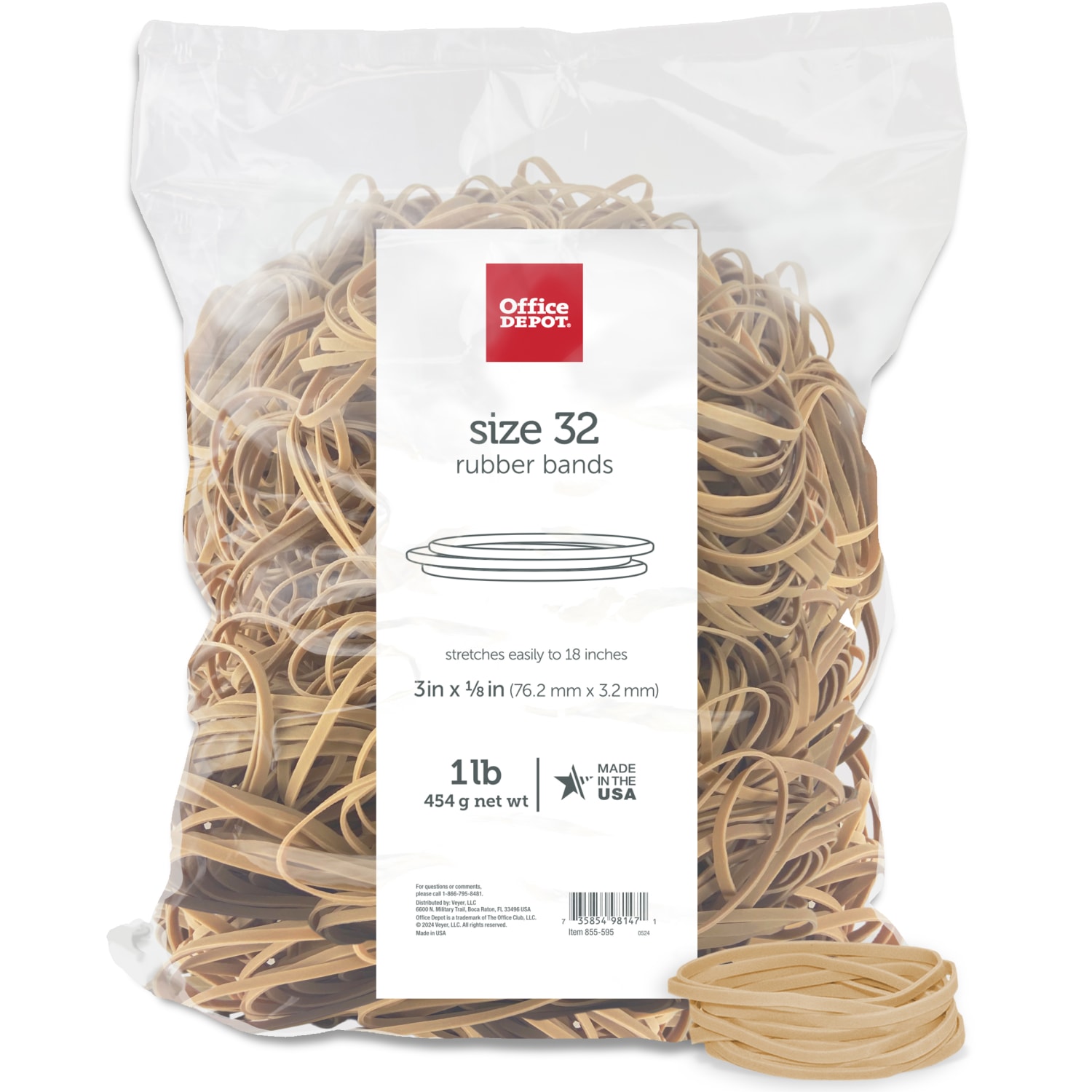 Office Depot Brand Rubber Bands, #32, 3in x 1/8in, Crepe, 1-Lb Bag, Approx 950 Per Bag