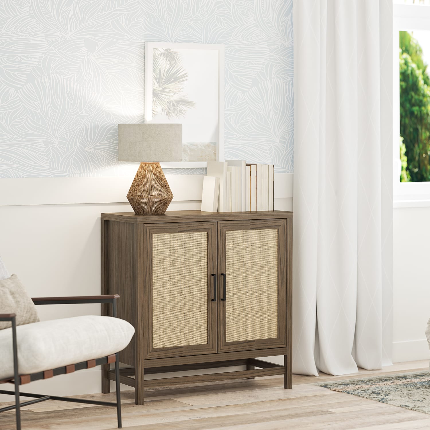 Ameriwood Home Lennon 2-Door Storage Cabinet, Medium Brown/Faux Rattan - Image 5