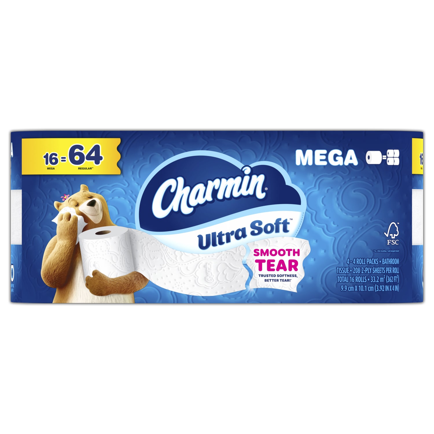 Charmin Ultra Soft 2-Ply Toilet Paper Mega Rolls, 208 Sheets Per Roll/69ft, Pack Of 16 Rolls