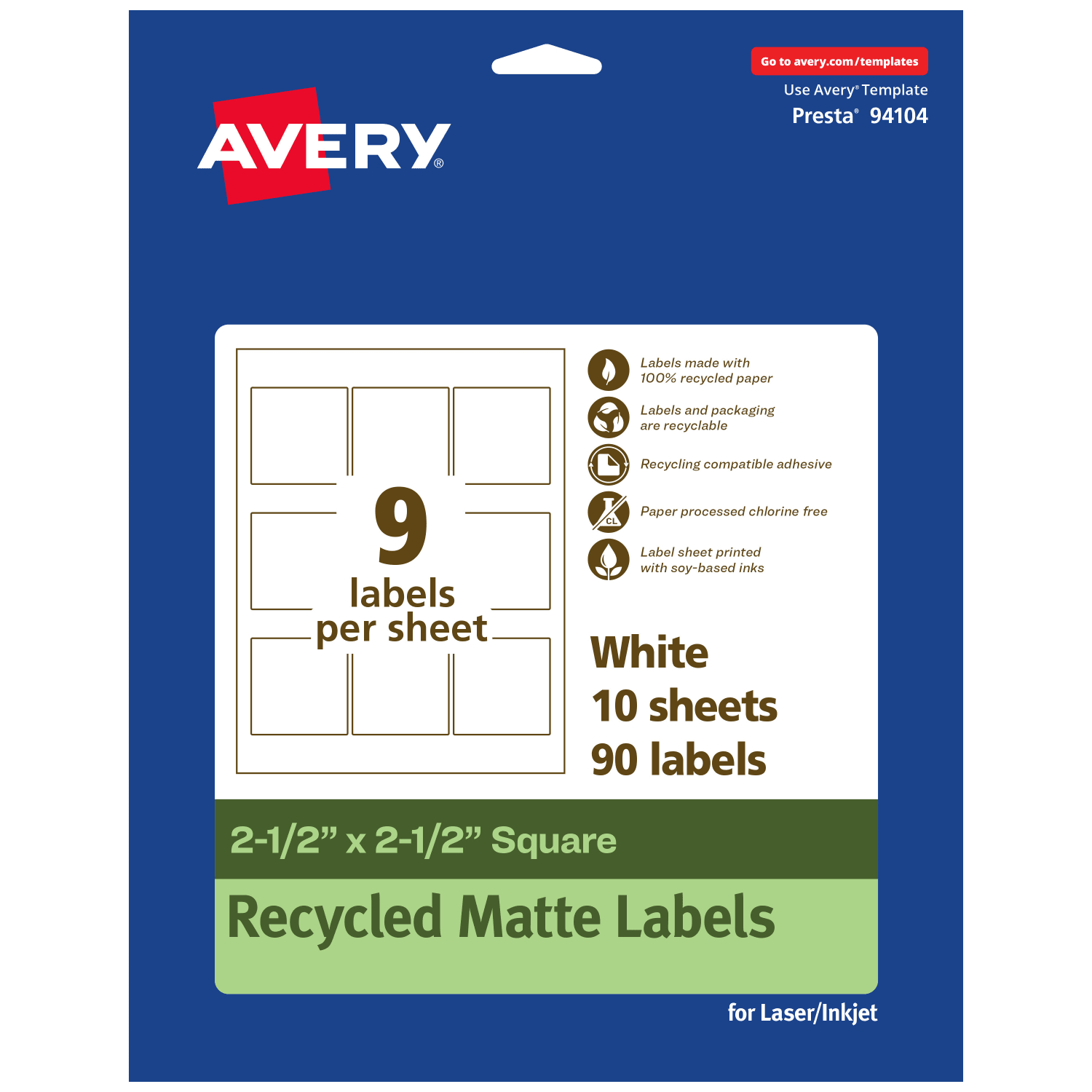 Avery Recycled Paper Labels, 94104-EWMP10, Square, 2-1/2in x 2-1/2in, White, Pack Of 90