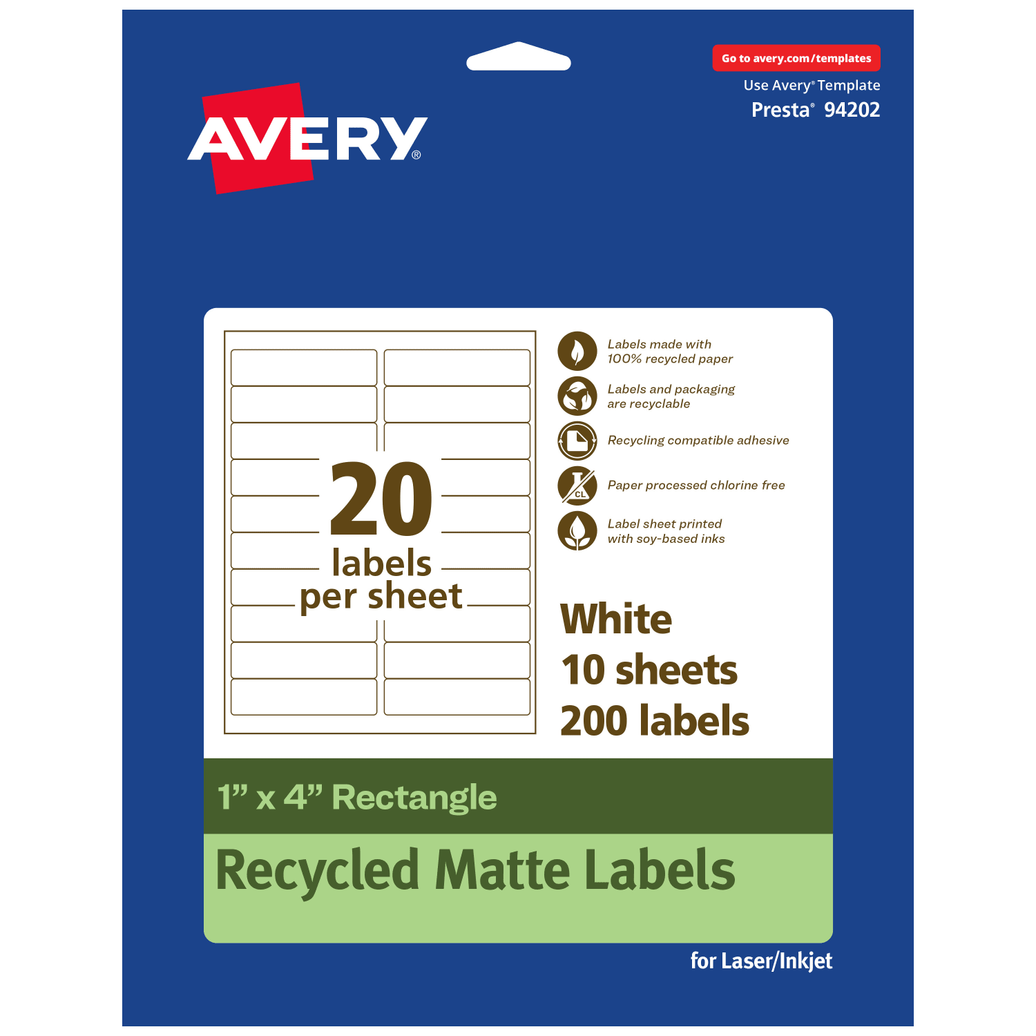 Avery Recycled Paper Labels, 94202-EWMP10, Rectangle, 1in x 4in, White, Pack Of 200