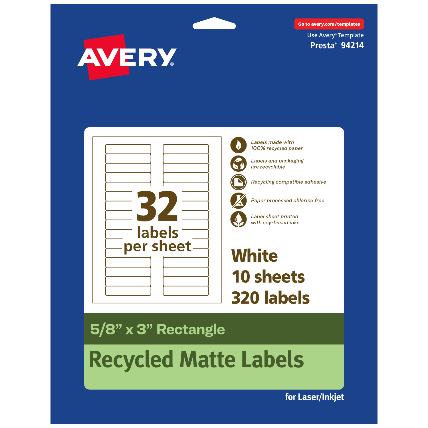 Avery Recycled Paper Labels, 94214-EWMP10, Rectangle, 5/8in x 3in, White, Pack Of 320