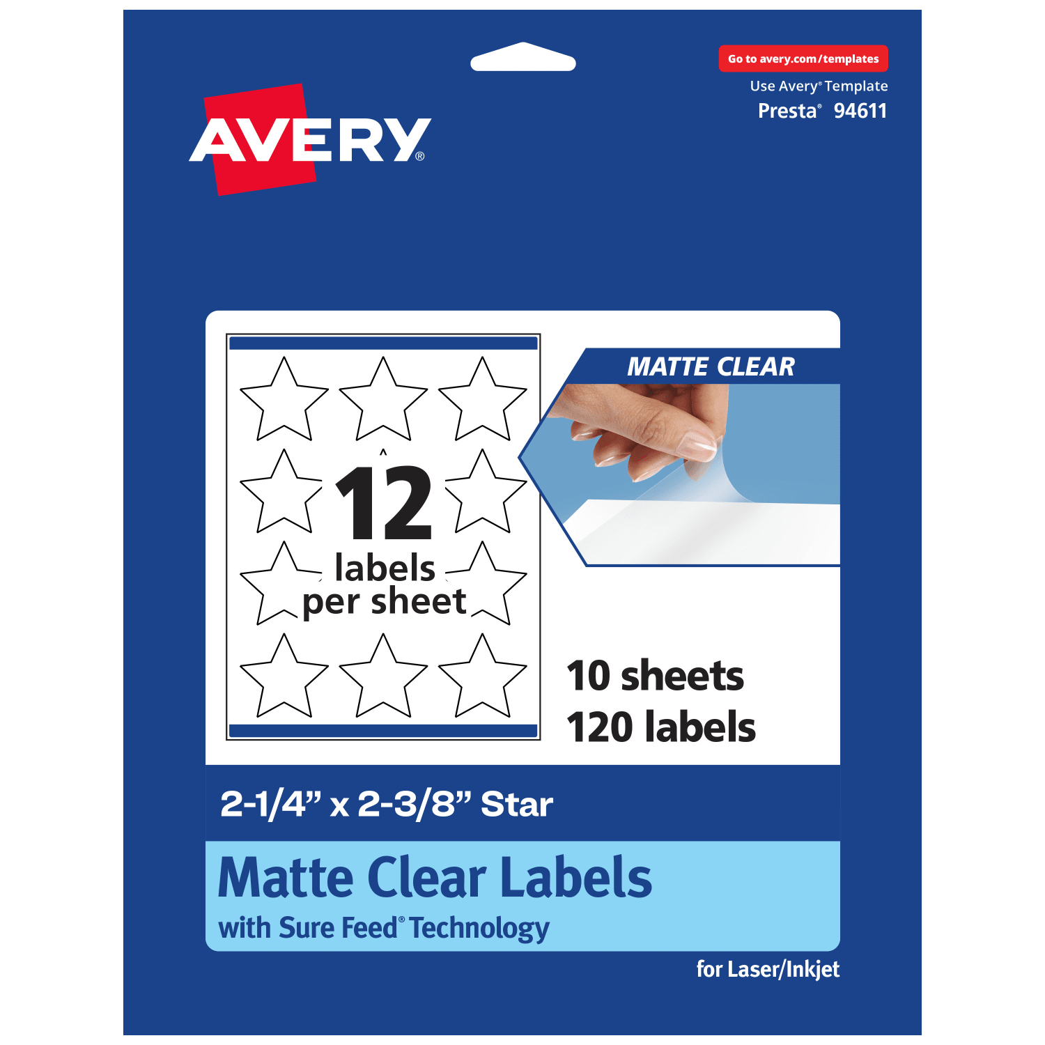 Avery Permanent Labels With Sure Feed, 94611-CMF10, Star, 2-1/4in x 2-3/8in, Matte Clear, Pack Of 120