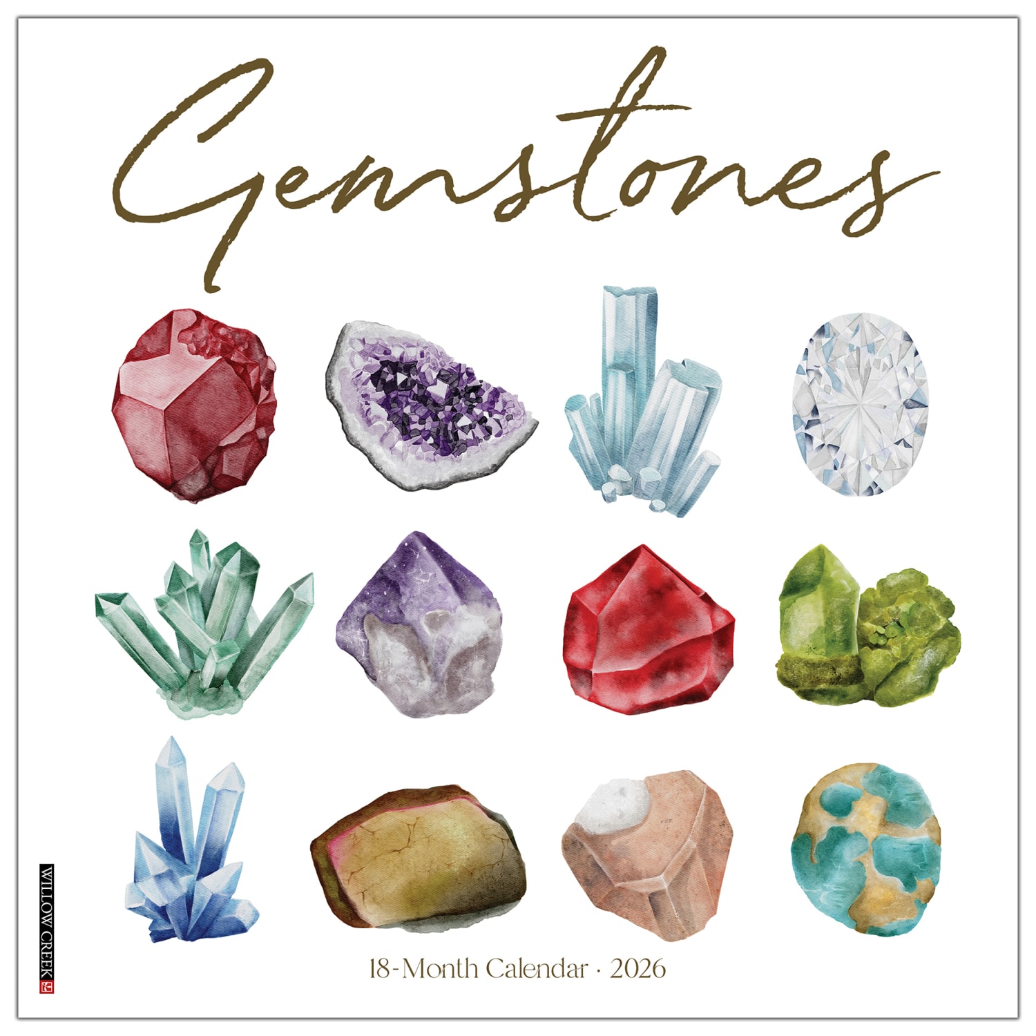 2026 Willow Creek Press Art & Design Monthly Wall Calendar, 12in x 12in, Gemstones, January To December, 55281