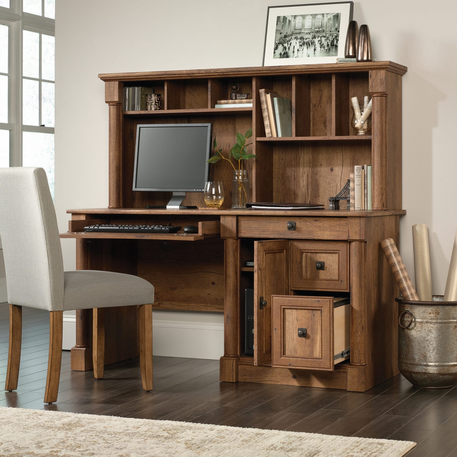 Sauder Palladia 60inW Computer Desk With Hutch, Vintage Oak - Image 4