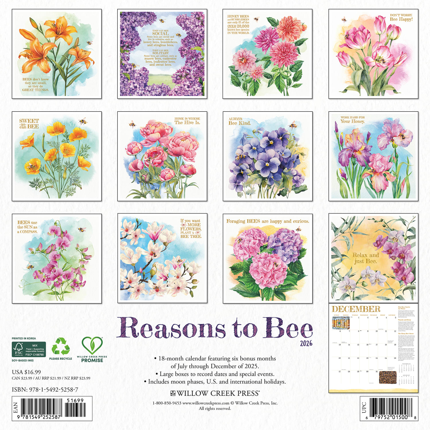 2026 Willow Creek Press Inspirational Monthly Wall Calendar, 12in x 12in, Reasons to Bee, January To December, 52587 - Image 6