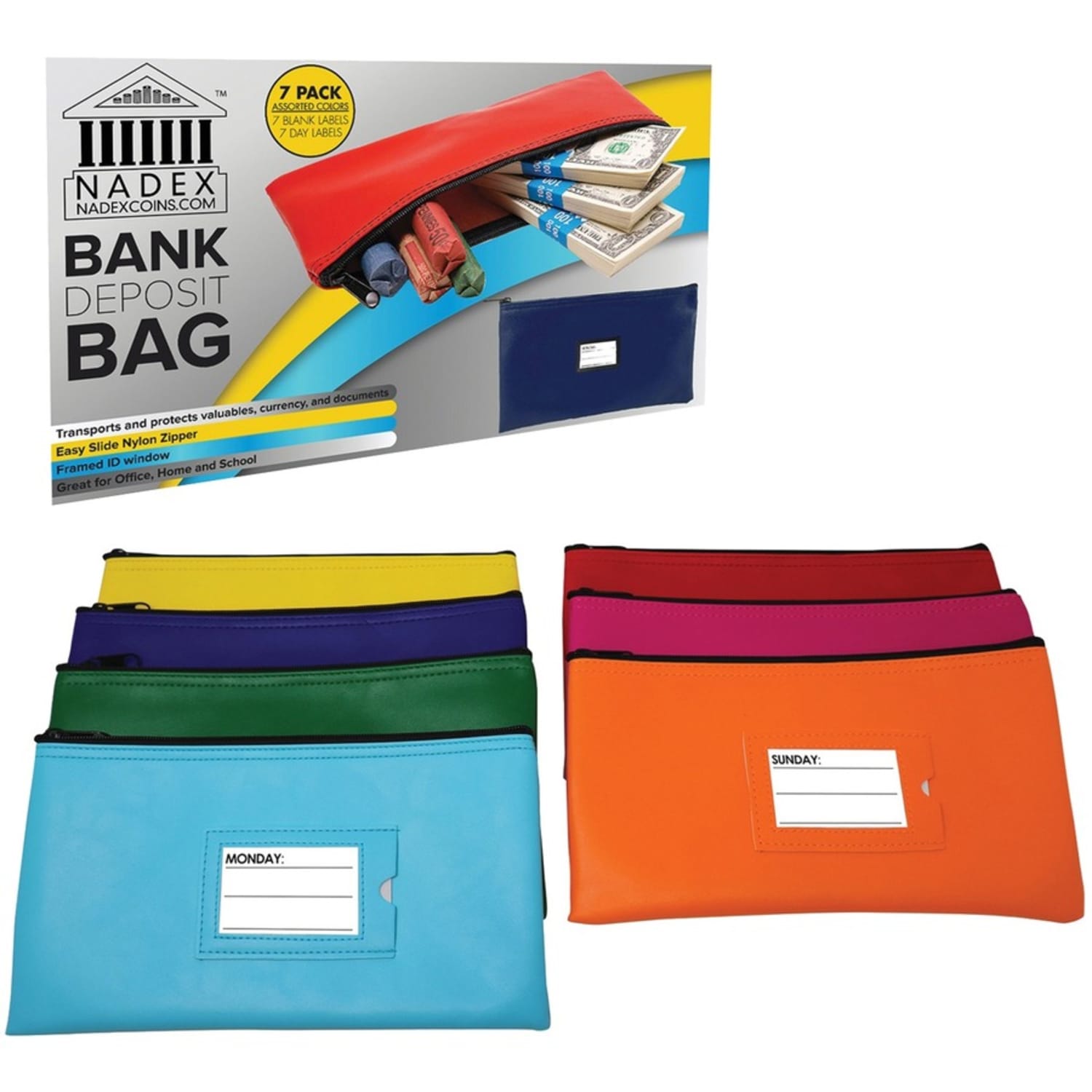 Nadex Coins 7 Day Bank Deposit Bags, Mulitcolor - 11in Width x 6in Length - Neon - Faux Leather - 7 - Cash, Coin, Document, Receipt, Office Supplies, Map, School Supplies, Jewelry - Image 4