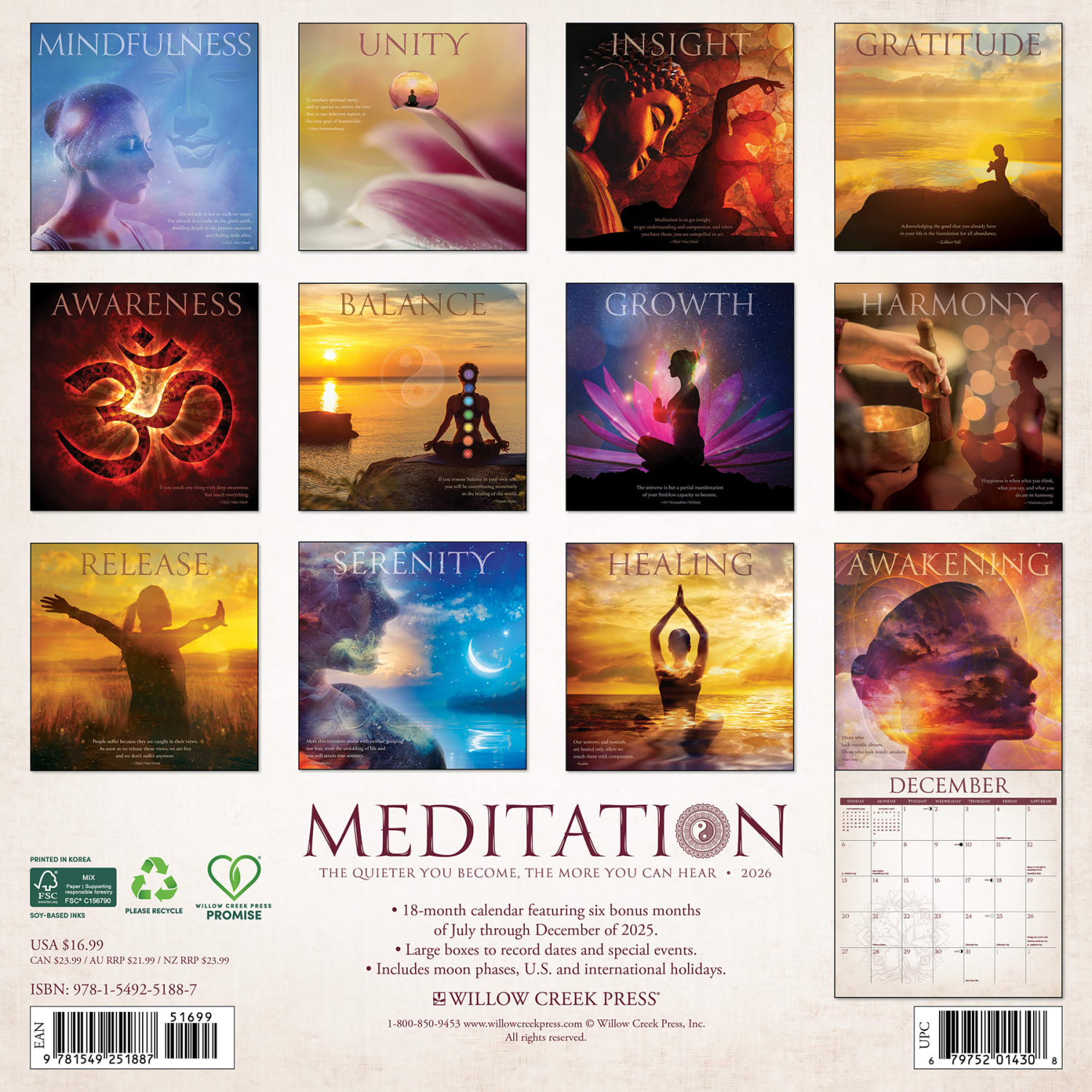 2026 Willow Creek Press Inspirational Monthly Wall Calendar, 12in x 12in, Meditation, January To December, 51887 - Image 6