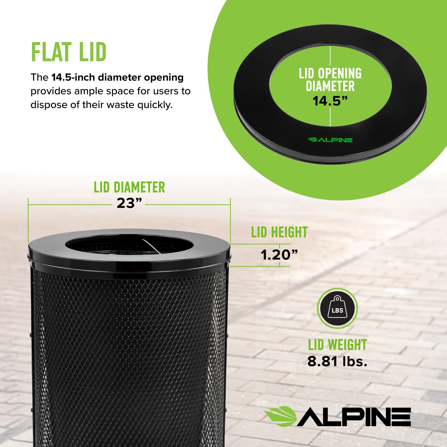 Alpine Black Round Diamond Steel 36 Gallon Trash Can with Flat Lid with Liner - Image 5