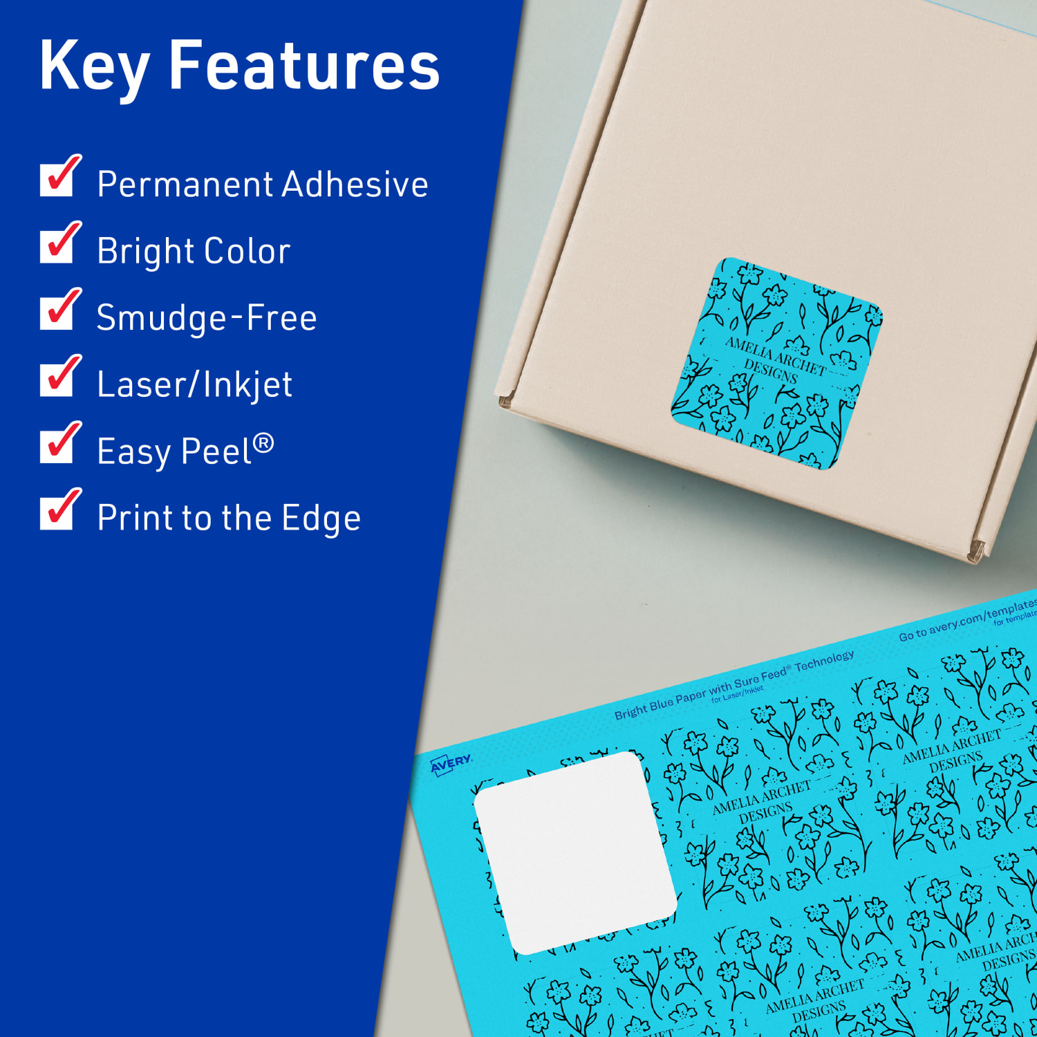 Avery Print-To-The-Edge Labels With Sure Feed Technology And Easy Peel, 94105-BBP80, Square, 2-1/8in x 2-1/8in, Matte Bright Blue, Pack of 960 - Image 3