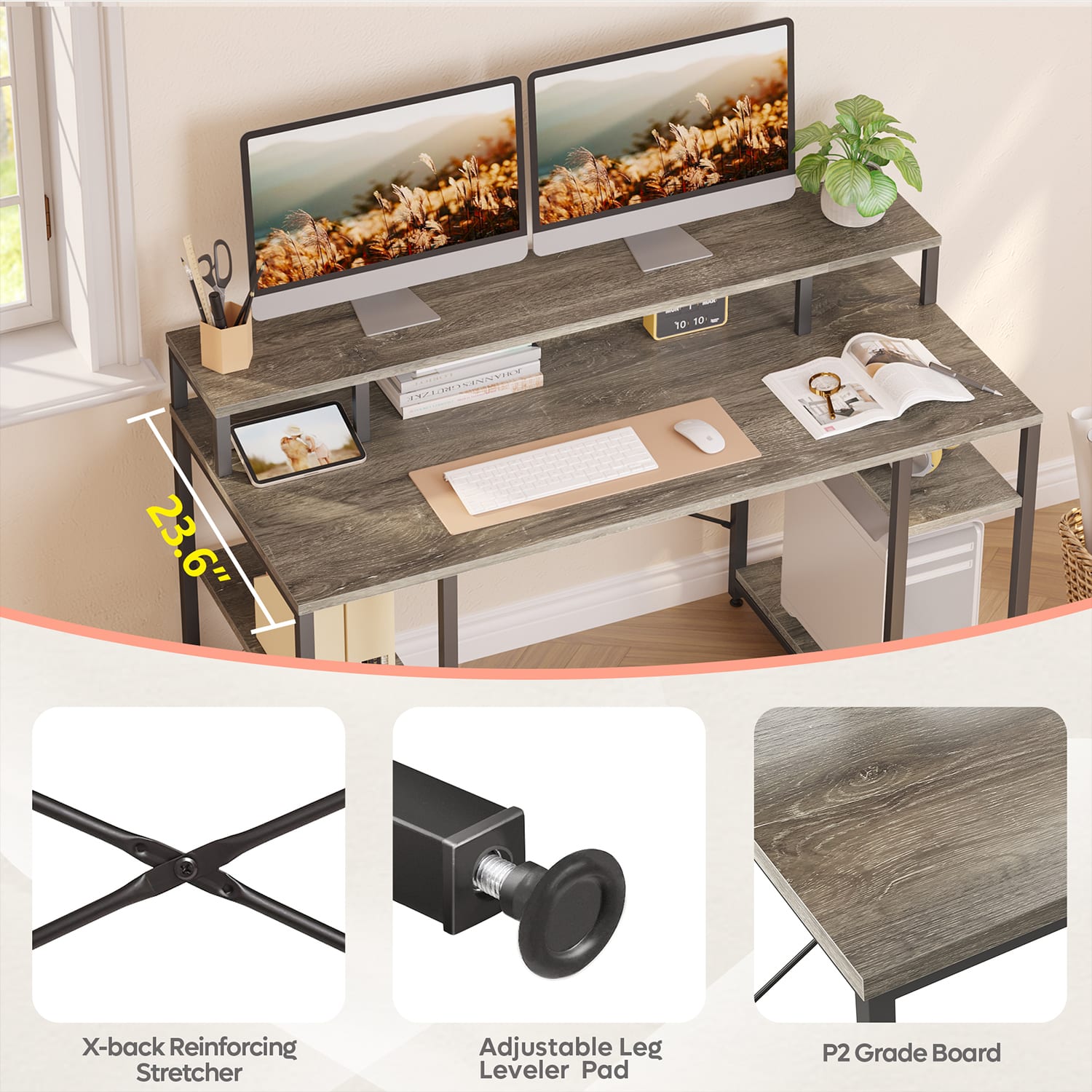 Bestier 56inW Student Desk With Monitor Stand & Storage Shelf, Dark Retro Gray Oak - Image 5