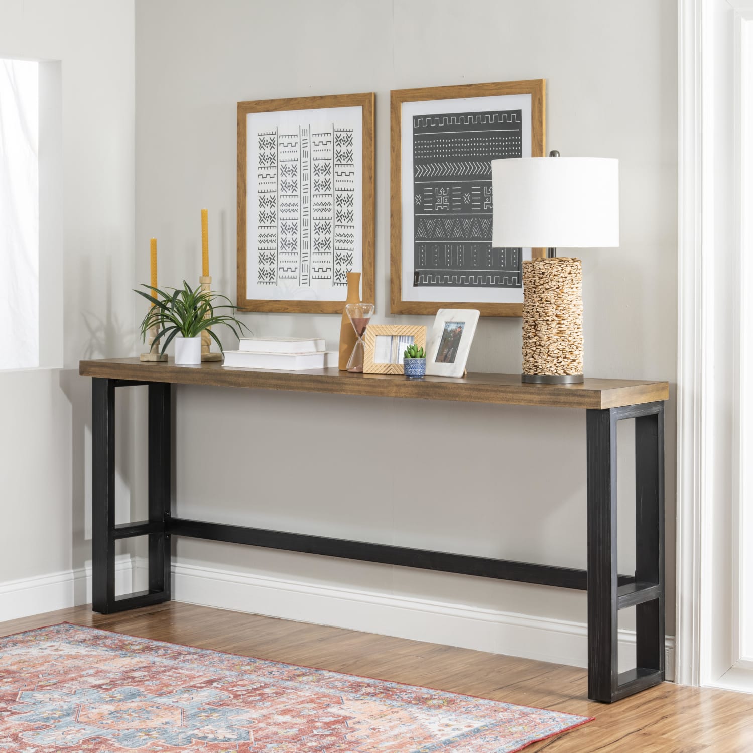 Powell Hartmand Wood/Metal Sofa Bar Table, 36inH x 84inW x 16inD, Brown/Gunmetal Gray/Black - Image 3