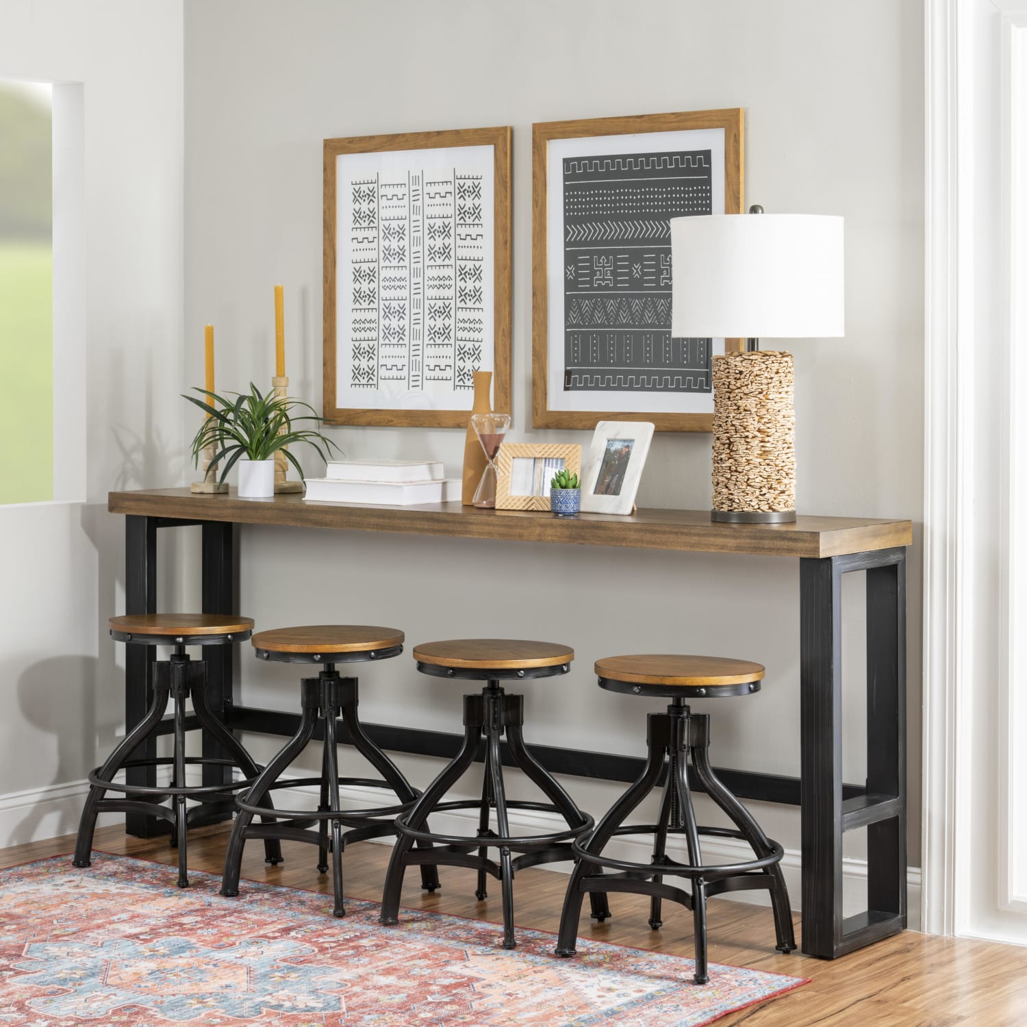 Powell Hartmand Wood/Metal Sofa Bar Table, 36inH x 84inW x 16inD, Brown/Gunmetal Gray/Black - Image 4